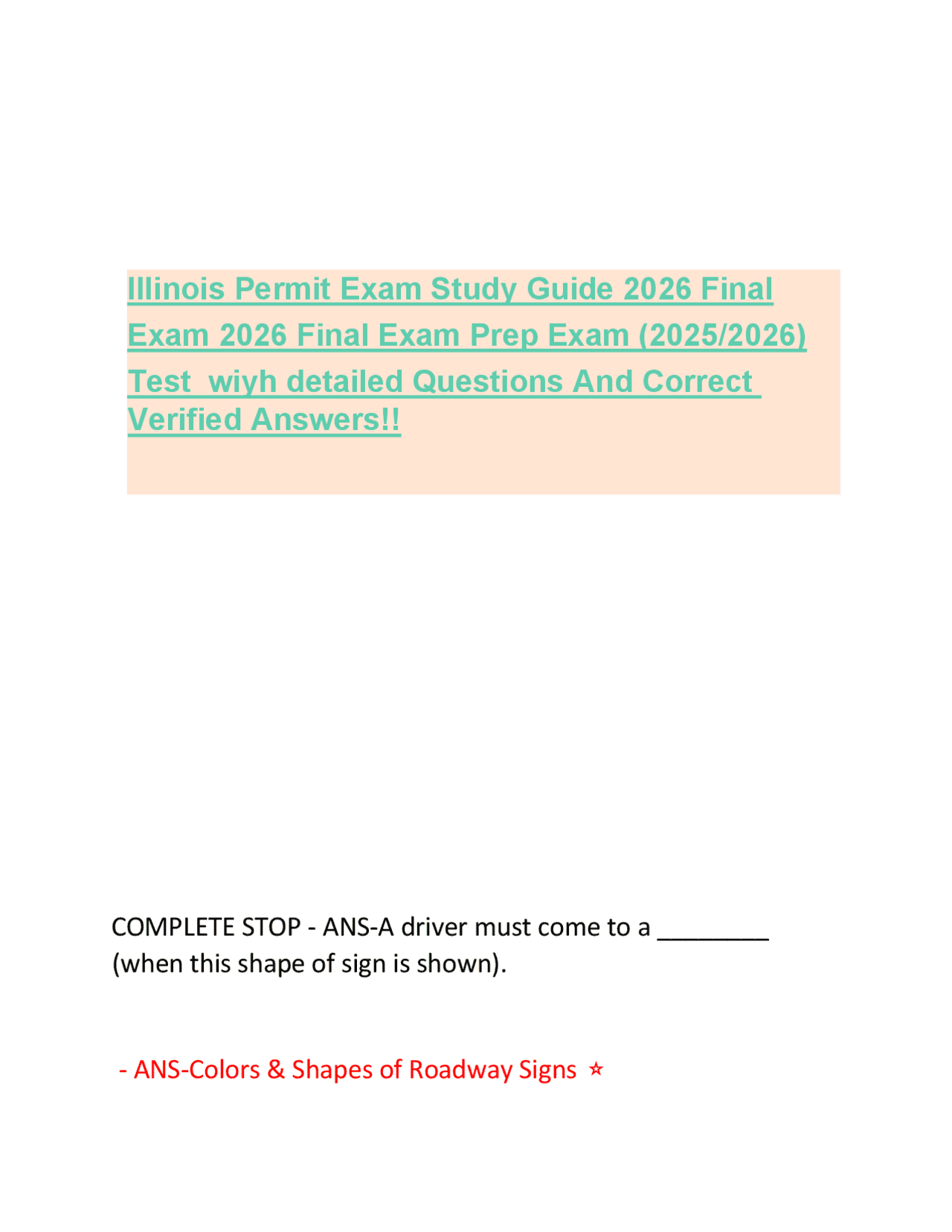 Illinois Permit Exam Study Guide 2026 Final Exam 2026 Final Exam Prep ...