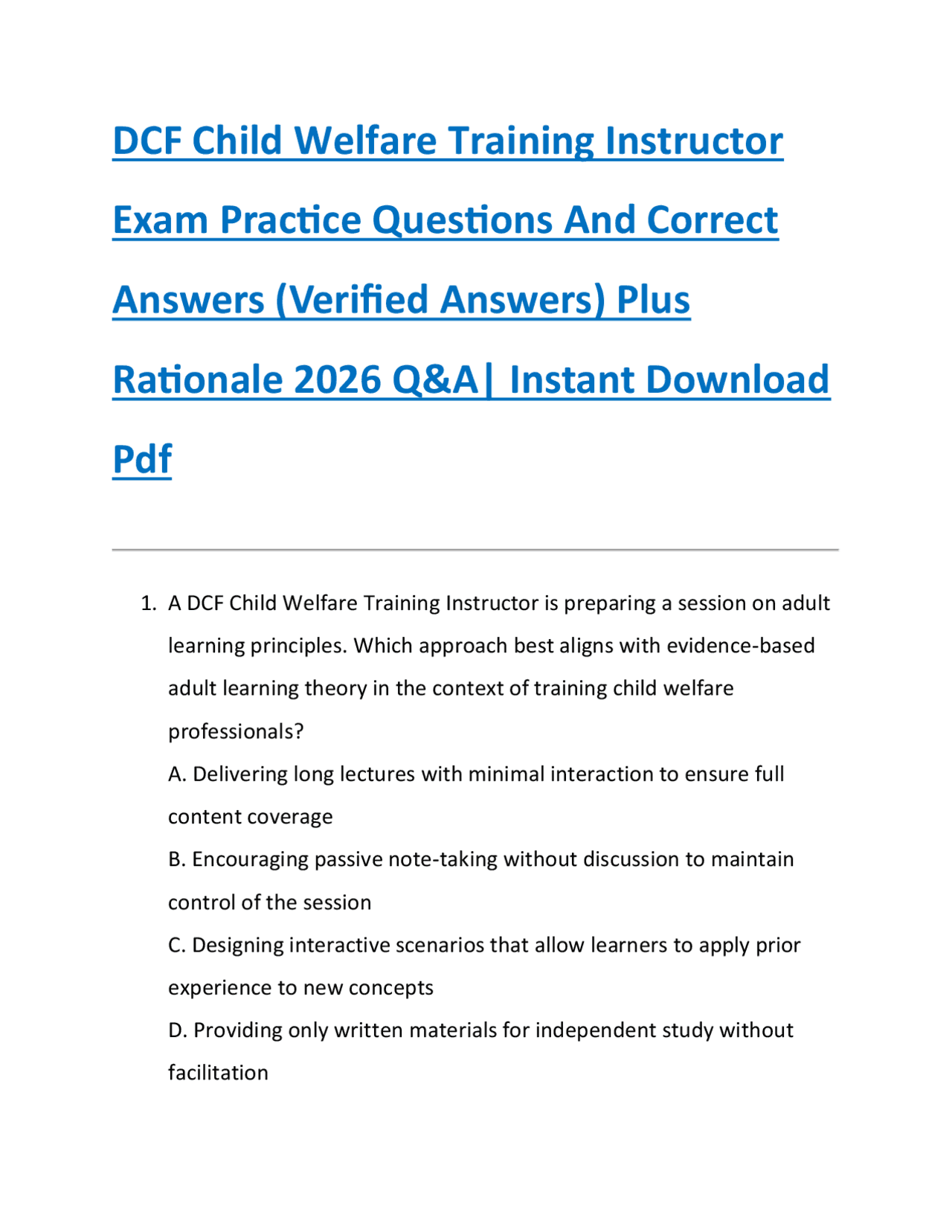 DCF Child Welfare Training Instructor Exam Practice Questions And ...