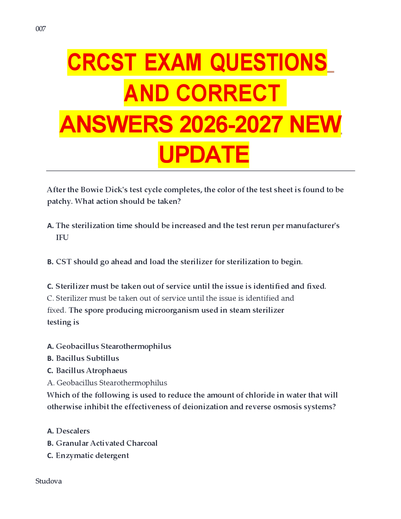 CRCST Exam Practice Questions and Answers for Sterile Processing 2026/ ...