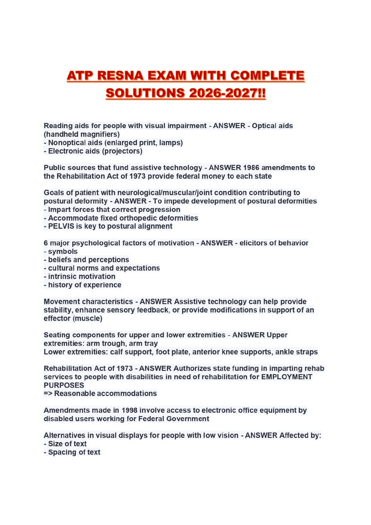 Resna Paper ATP RESNA EXAM WITH COMPLETE SOLUTIONS 2026-2027!! | Exams Advanced ...