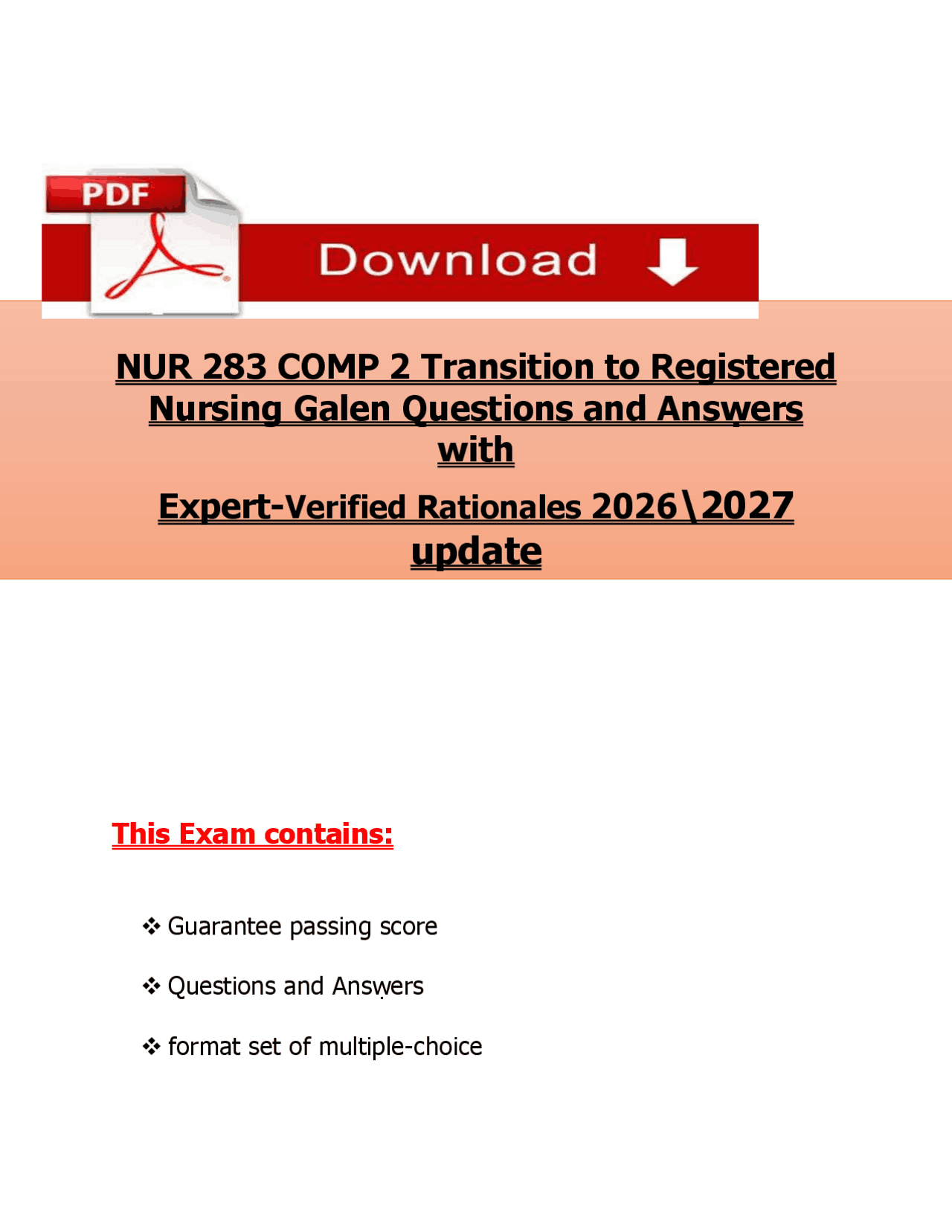 NUR 283 COMP 2 Transition to RN Exam – Questions & answers with ...
