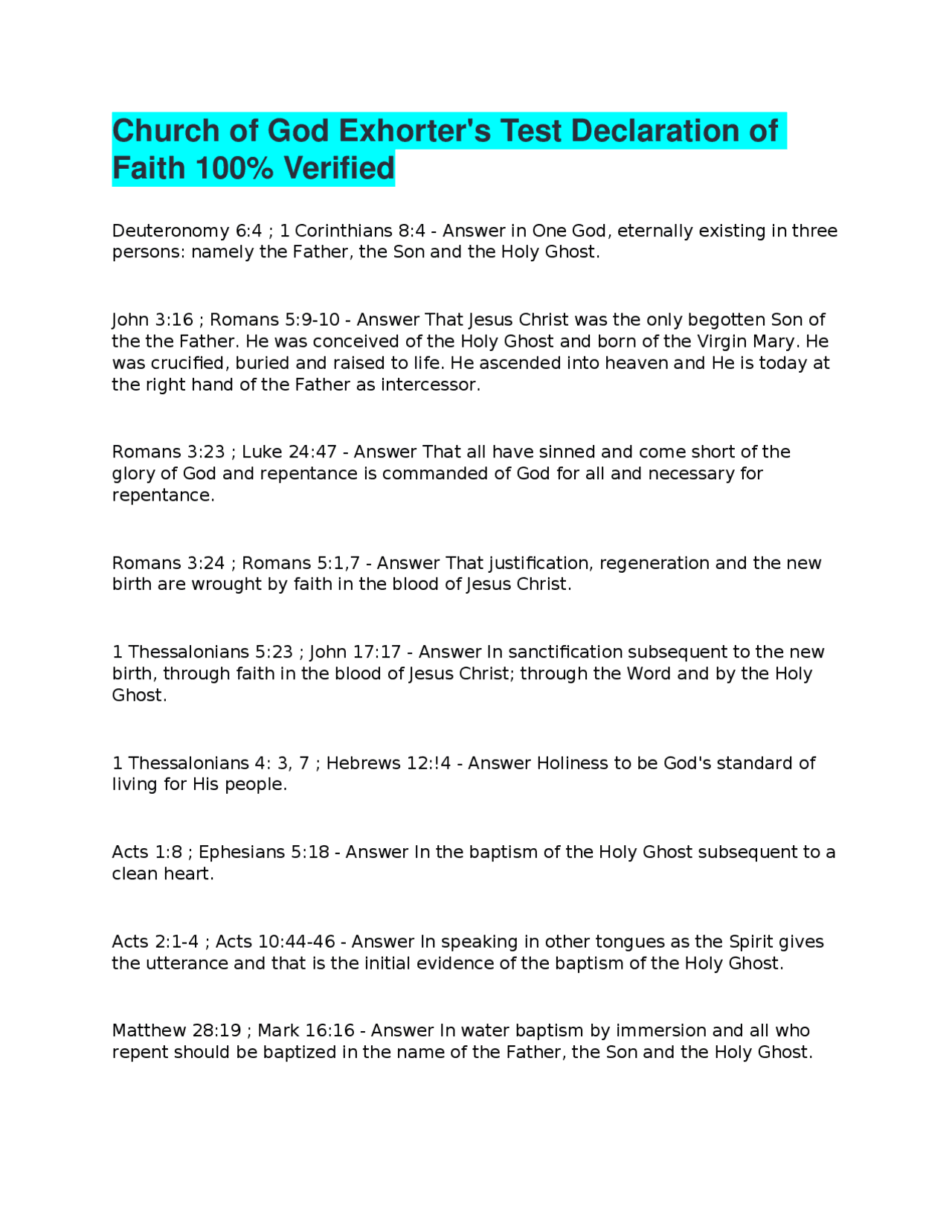 Church of God Exhorter's Test Declaration of Faith 100% Verified ...