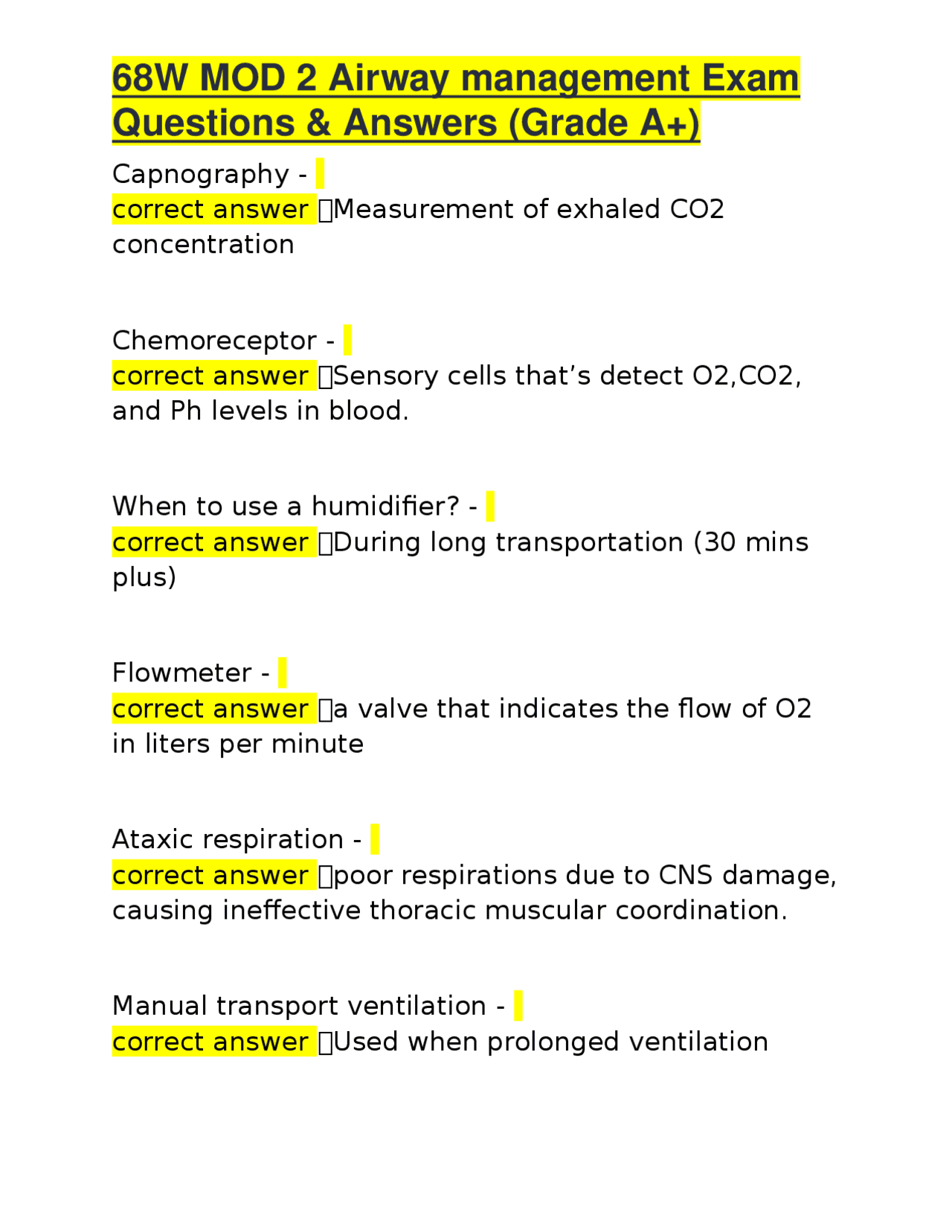 68W MOD 2 Airway management Exam Questions & Answers (Grade A+) | Exams ...