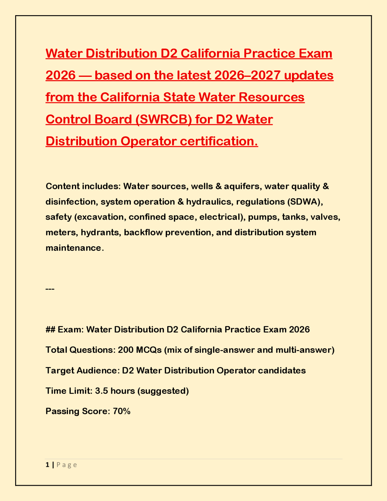 Water Distribution D2 California Practice Exam 2026 — based on the ...