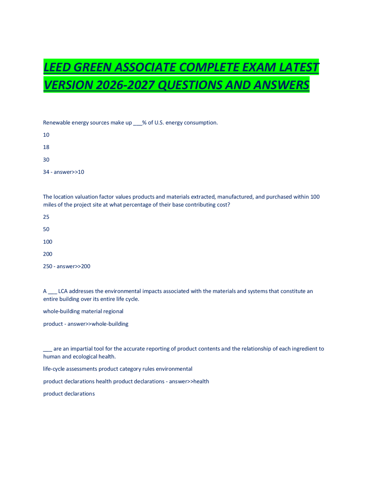 LEED GREEN ASSOCIATE COMPLETE EXAM LATEST VERSION 2026-2027 QUESTIONS ...