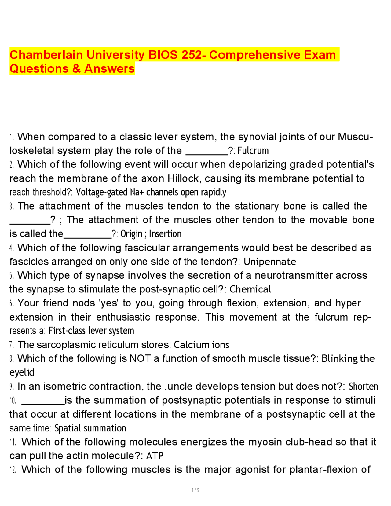 Chamberlain University BIOS 252- Comprehensive Exam Questions & Answers ...