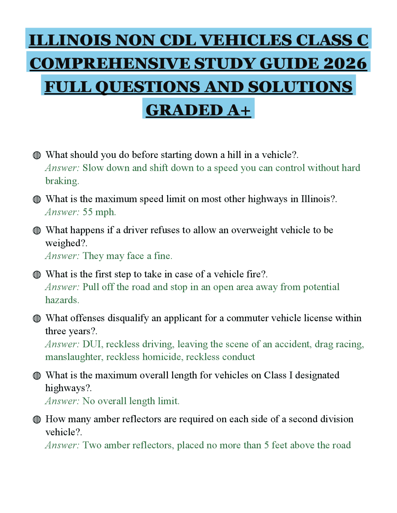 ILLINOIS NON CDL VEHICLES CLASS C COMPREHENSIVE STUDY GUIDE 2026 FULL ...