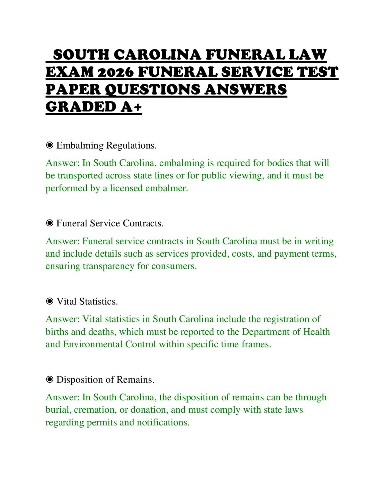SOUTH CAROLINA FUNERAL LAW EXAM 2026 FUNERAL SERVICE TEST PAPER ...