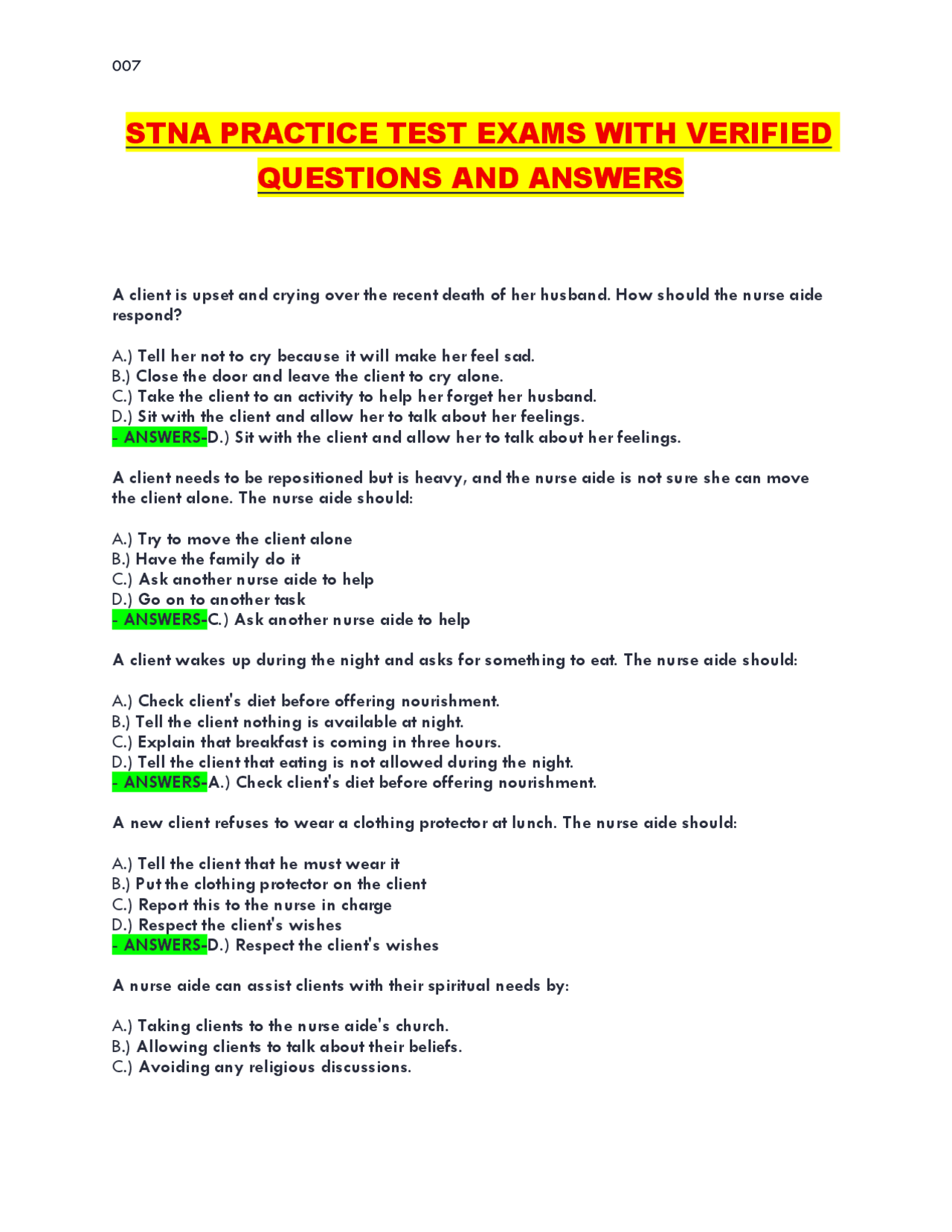 Stna Interview Questions STNA Practice Test Exams 2026: Verified Questions & Answers | Exams ...