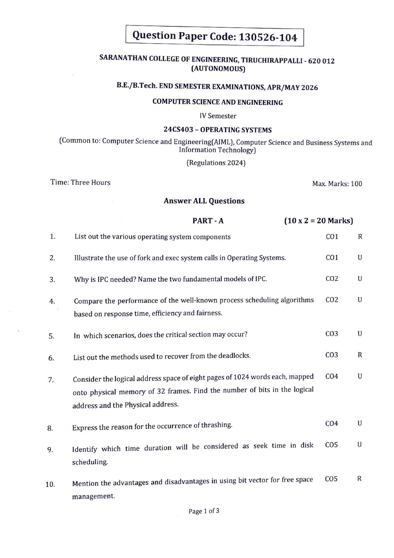 Operating Systems (OS) Question Paper 2026 PDF | Exams Operating ...