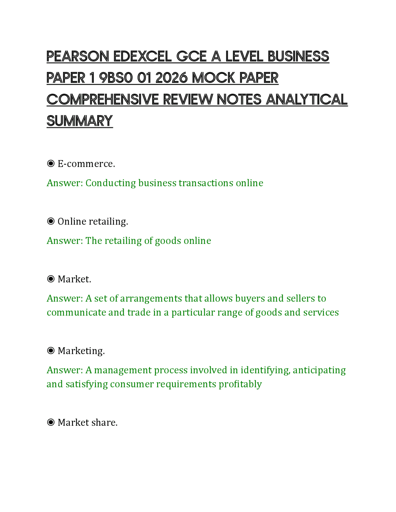 PEARSON EDEXCEL GCE A LEVEL BUSINESS PAPER 1 9BS0 01 2026 MOCK PAPER ...