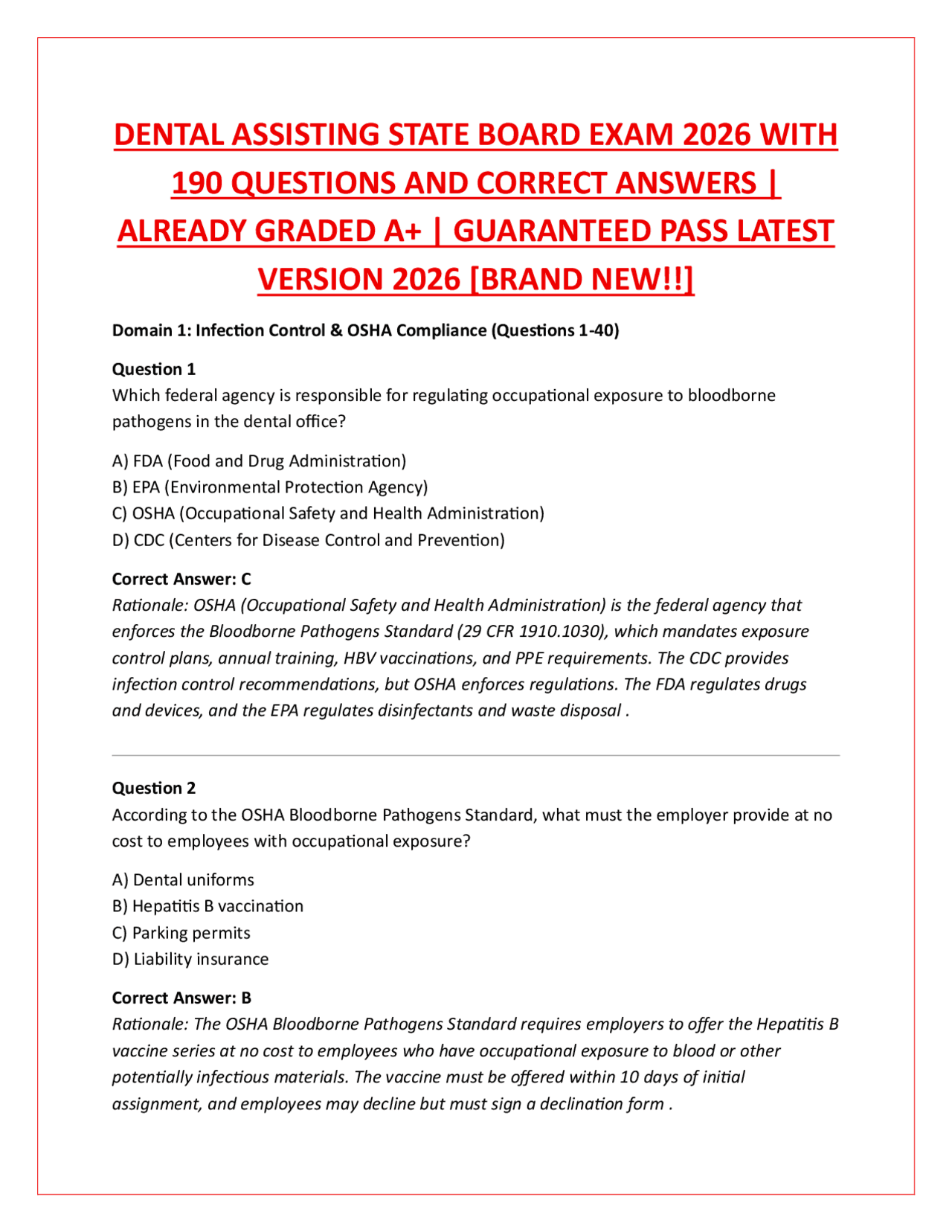 DENTAL ASSISTING STATE BOARD EXAM 2026 – 190 QUESTIONS WITH CORRECT ...