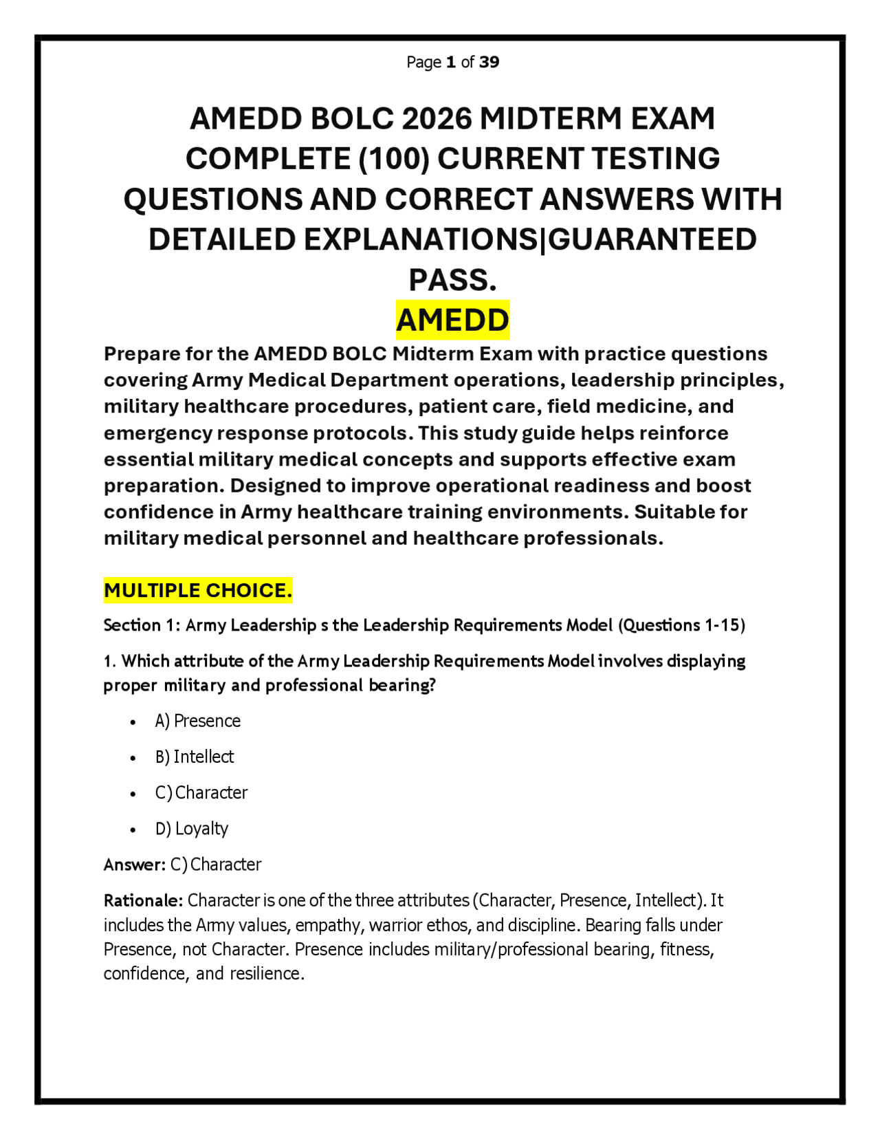 Amedd Rdm AMEDD BOLC 2026 MIDTERM EXAM QUESTION AND ANSWER | Exams Medicine | Docsity