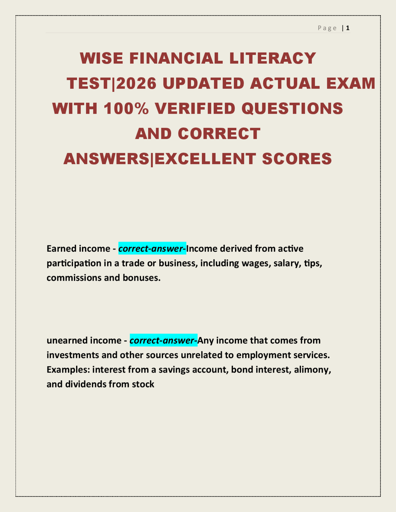 WISE Financial Literacy Test – Updated Exam Questions & Answers 2026 ...