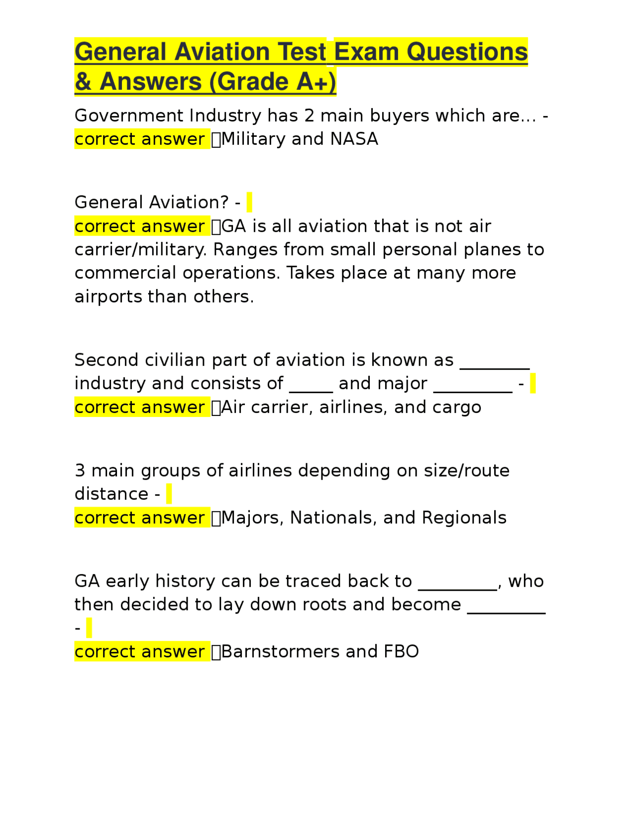 General Aviation Test Exam Questions & Answers (Grade A+) | Exams ...