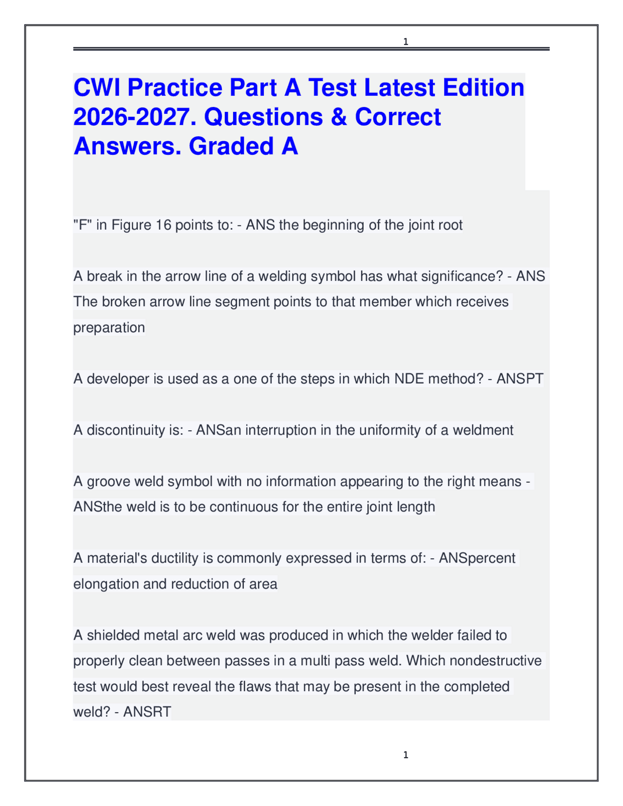 CWI Practice Part A Test Latest Edition 2026-2027. Questions & Correct ...
