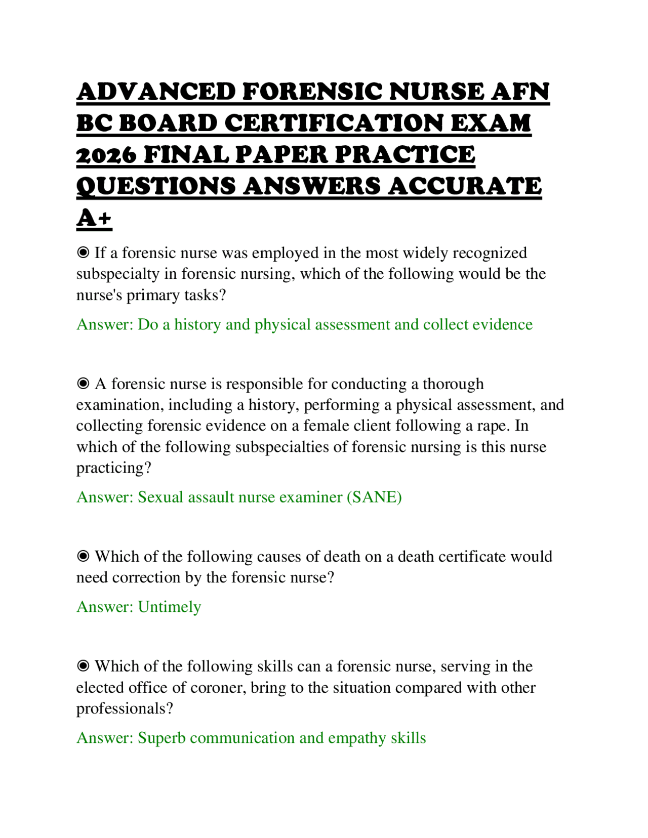 ADVANCED FORENSIC NURSE AFN BC BOARD CERTIFICATION EXAM 2026 FINAL ...