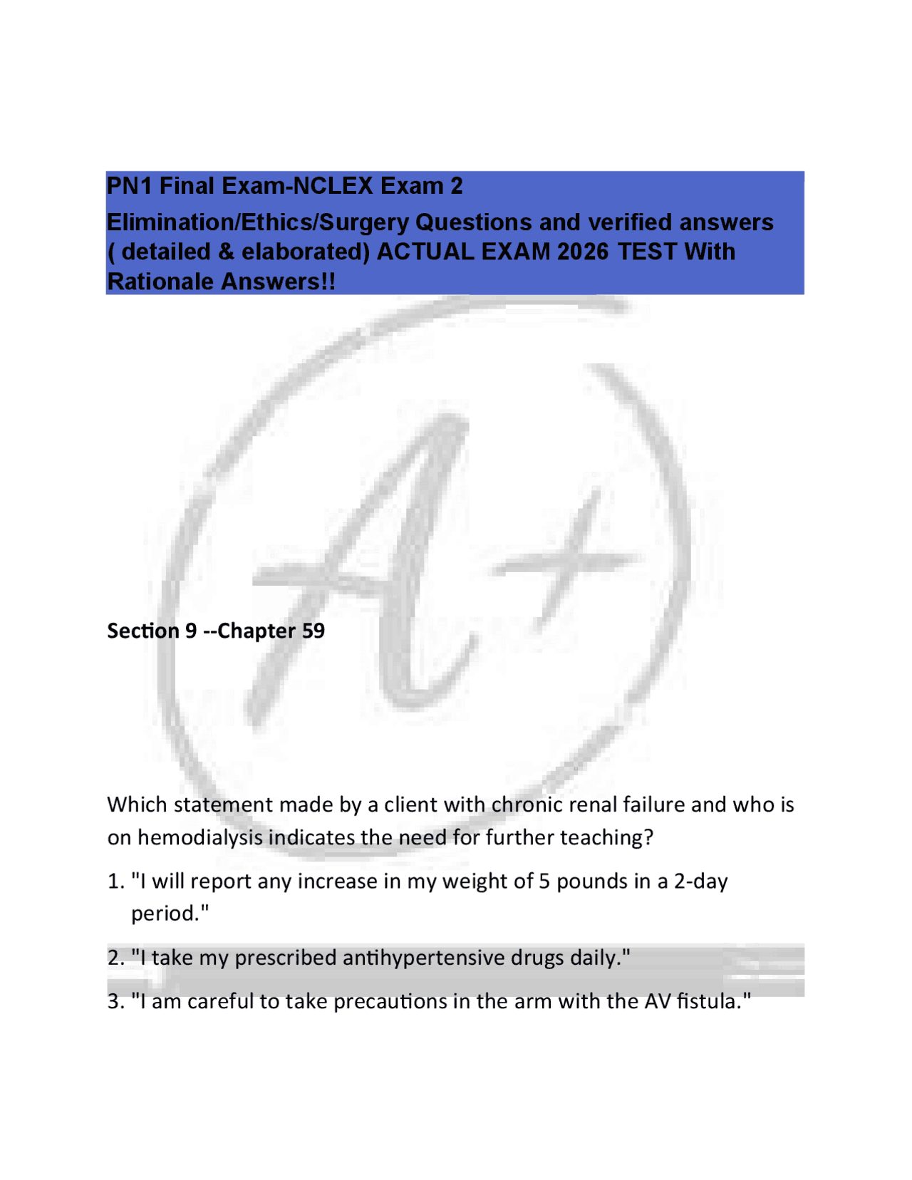 PN1 Final Exam-NCLEX Exam 2 Elimination/Ethics/Surgery Questions and verified answers | Exams Nursing | Docsity PN1 Final Exam-NCLEX Exam 2 Elimination/Ethics/Surgery Questions and verified answers | Exams Nursing | Docsity