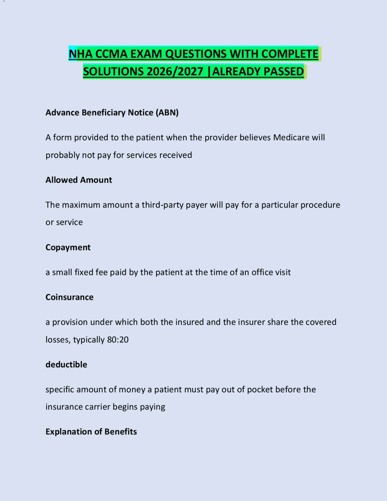 NHA CCMA EXAM QUESTIONS WITH COMPLETE SOLUTIONS 2026. | Exams Nursing | Docsity NHA CCMA EXAM QUESTIONS WITH COMPLETE SOLUTIONS 2026. | Exams Nursing | Docsity