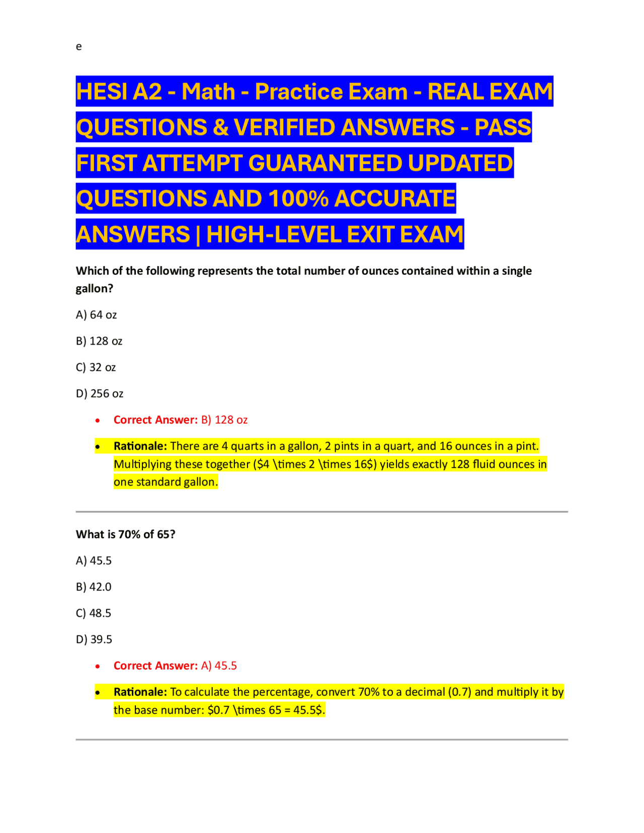 HESI A2 - Math - Practice Exam - REAL EXAM QUESTIONS & VERIFIED ANSWERS ...