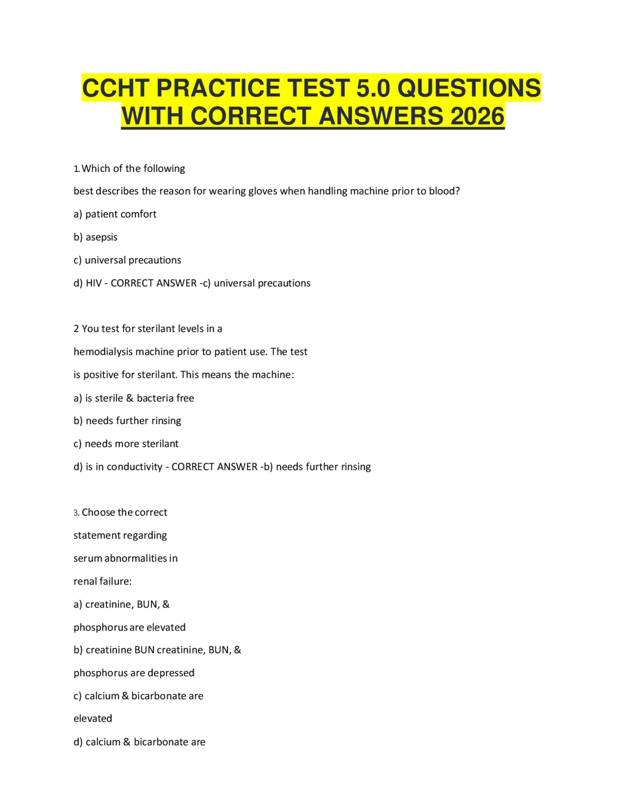 CCHT PRACTICE TEST 5.0 QUESTIONS WITH CORRECT ANSWERS 2026 | Exams ...