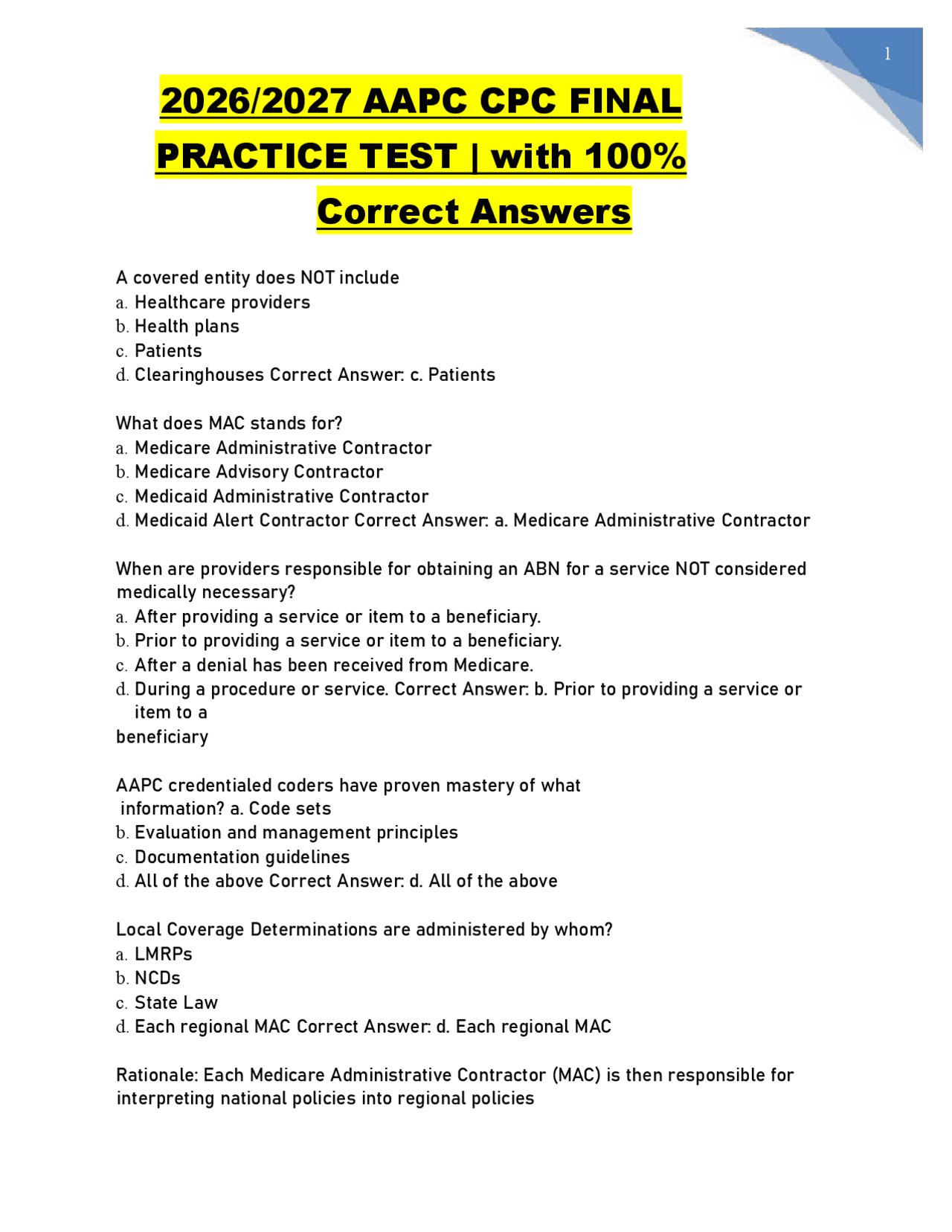 AAPC CPC Final Practice Test 2025/2026 – 100% Correct Answers & Medical ...