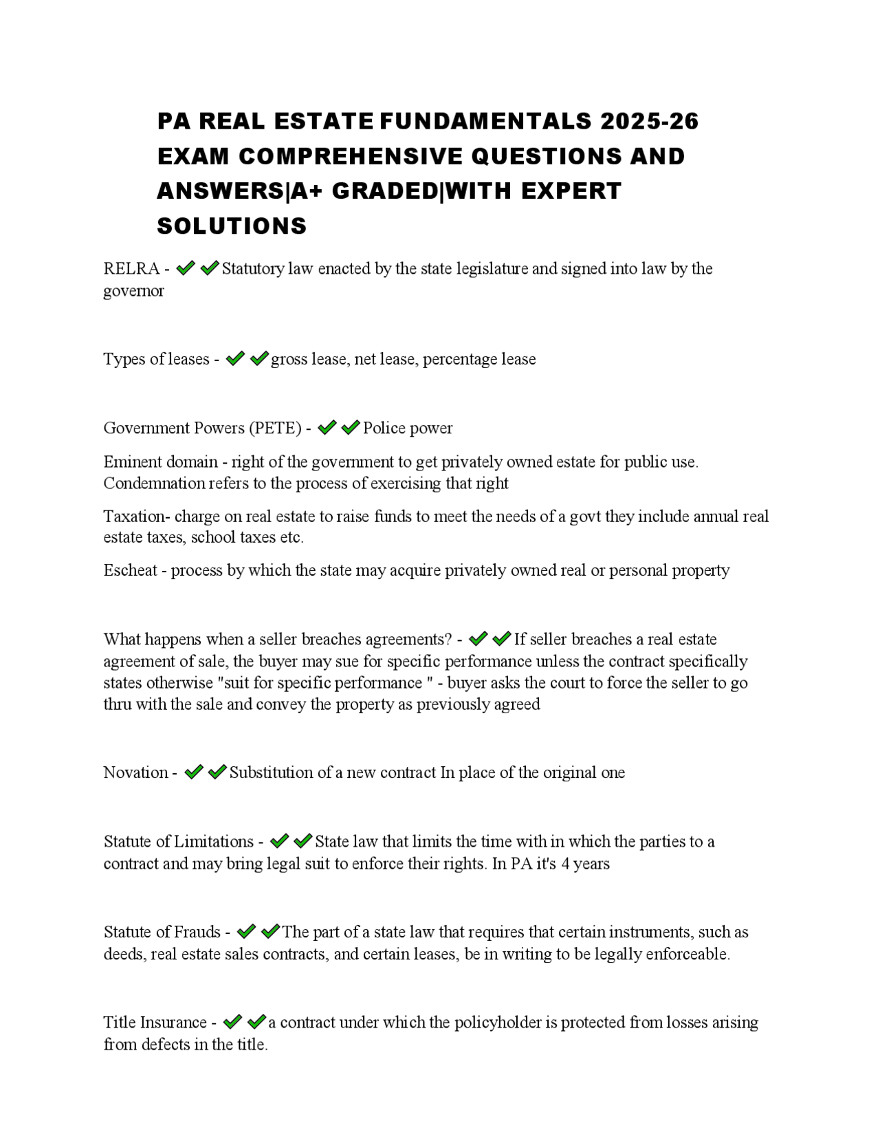 PA REAL ESTATE FUNDAMENTALS 2025-26 EXAM COMPREHENSIVE QUESTIONS AND ANSWERS|A+ GRADED|W | Exams ...