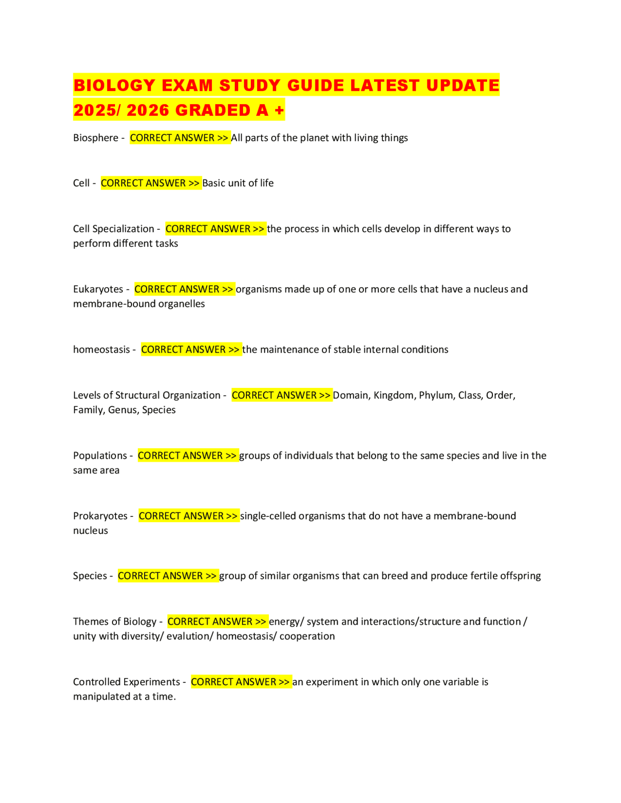 Biology Exam Study Guide 2025/2026 – Key Concepts & Definitions for ...