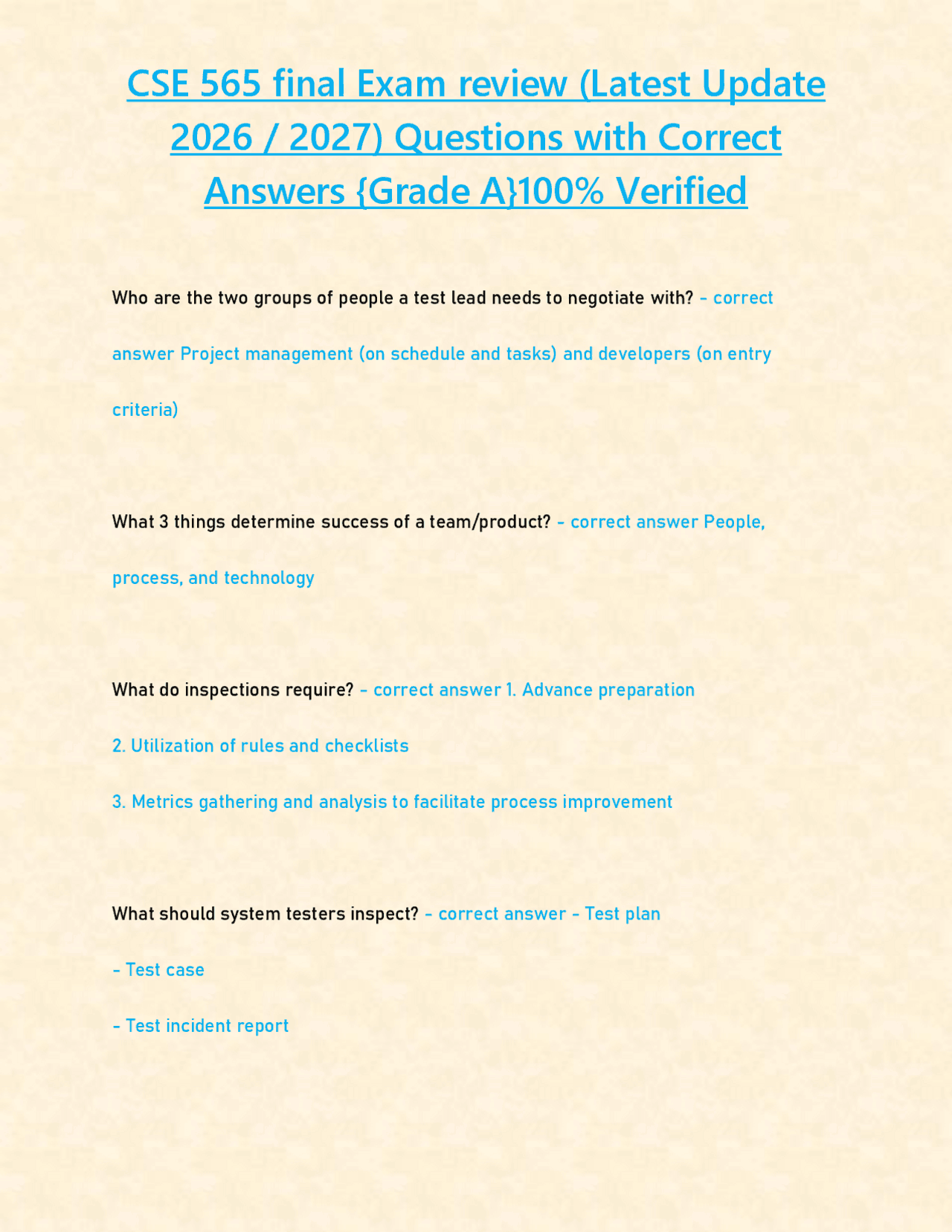 First Student 565 CSE 565 final Exam review (Latest Update 2026 / 2027) Questions with ...