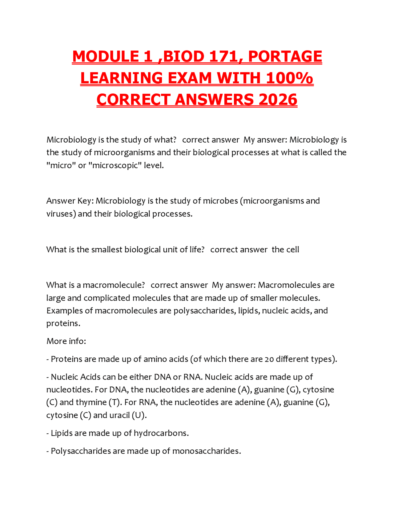 MODULE 1 Exam Portage Learning Microbiology (PDF) | (2025/2026 ...