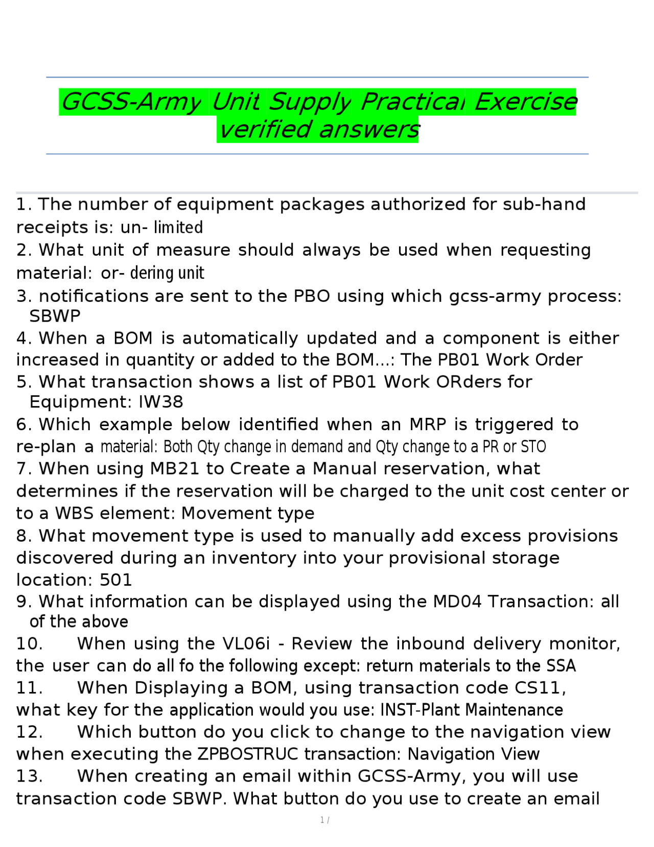 Practical Exercise Army Example GCSS-Army Unit Supply Practical Exercise verified answers | Exams ...