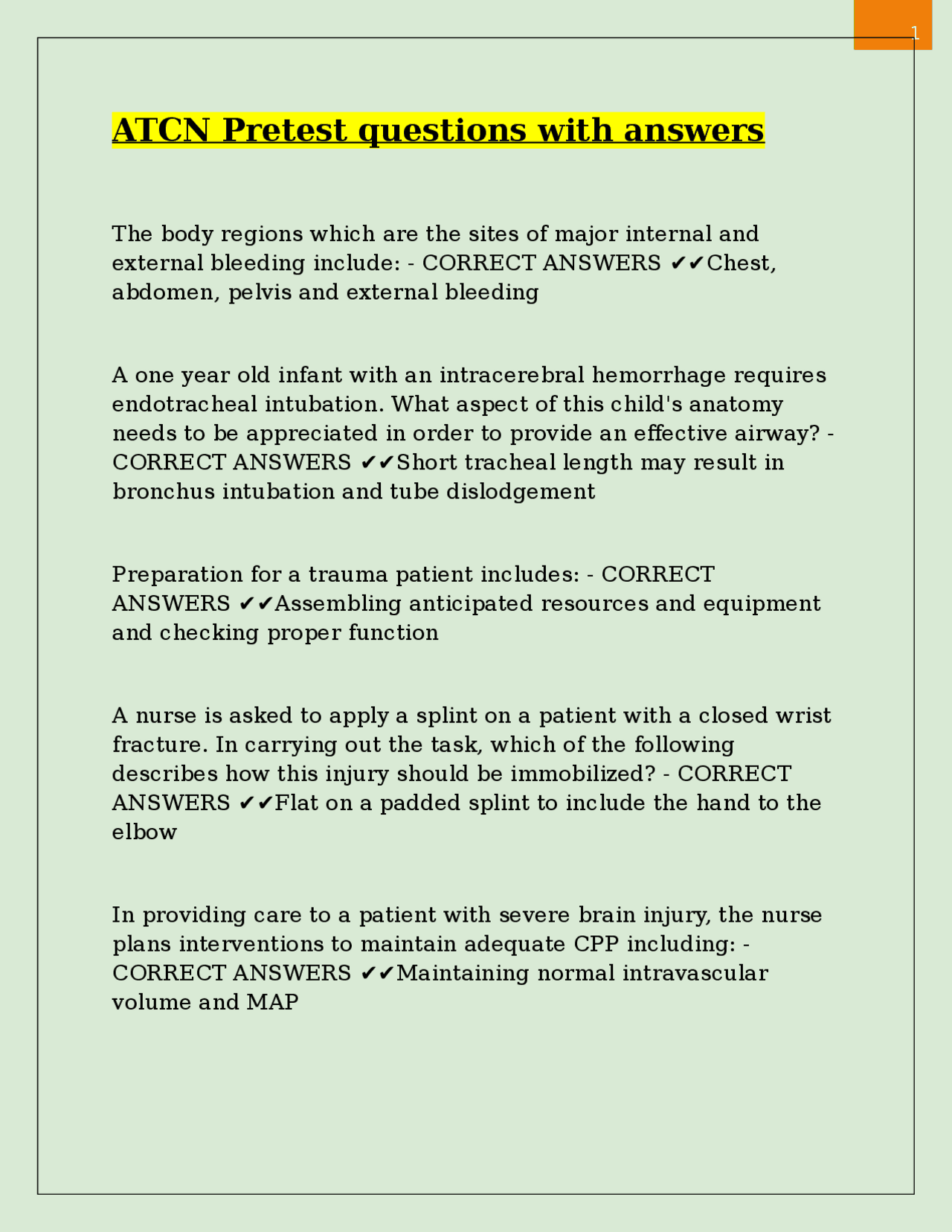 ATCN Pretest questions with answers | Exams Nursing | Docsity