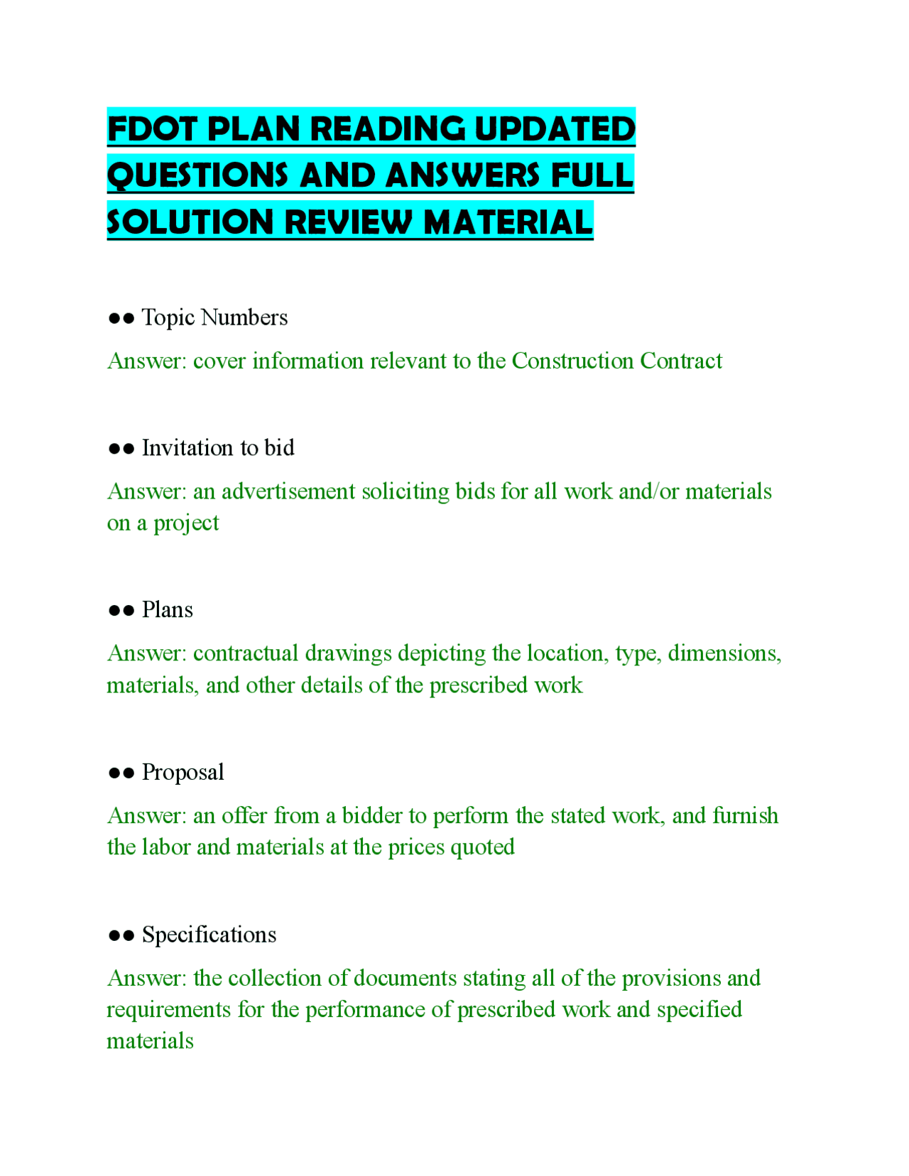 Fdot Construction Math Answer Key FDOT PLAN READING UPDATED QUESTIONS AND ANSWERS FULL SOLUTION REVIEW ...