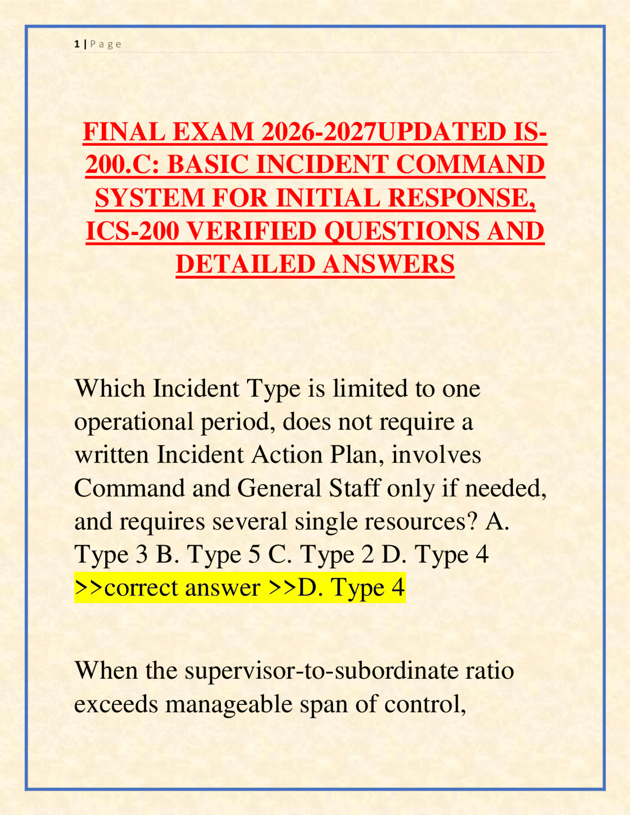 IS-200.C Final Exam 2026-2027 | Basic Incident Command System for ...