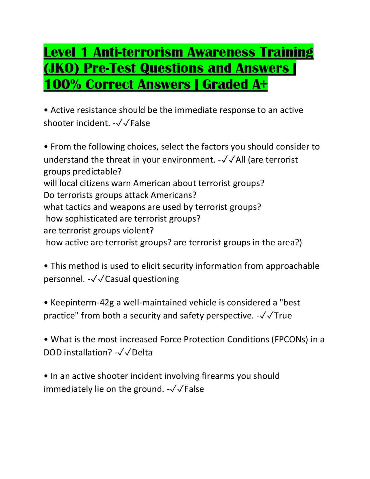 Level 1 Anti-terrorism Awareness Training (JKO) Pre-Test Questions and Answers (2026 Editi ...