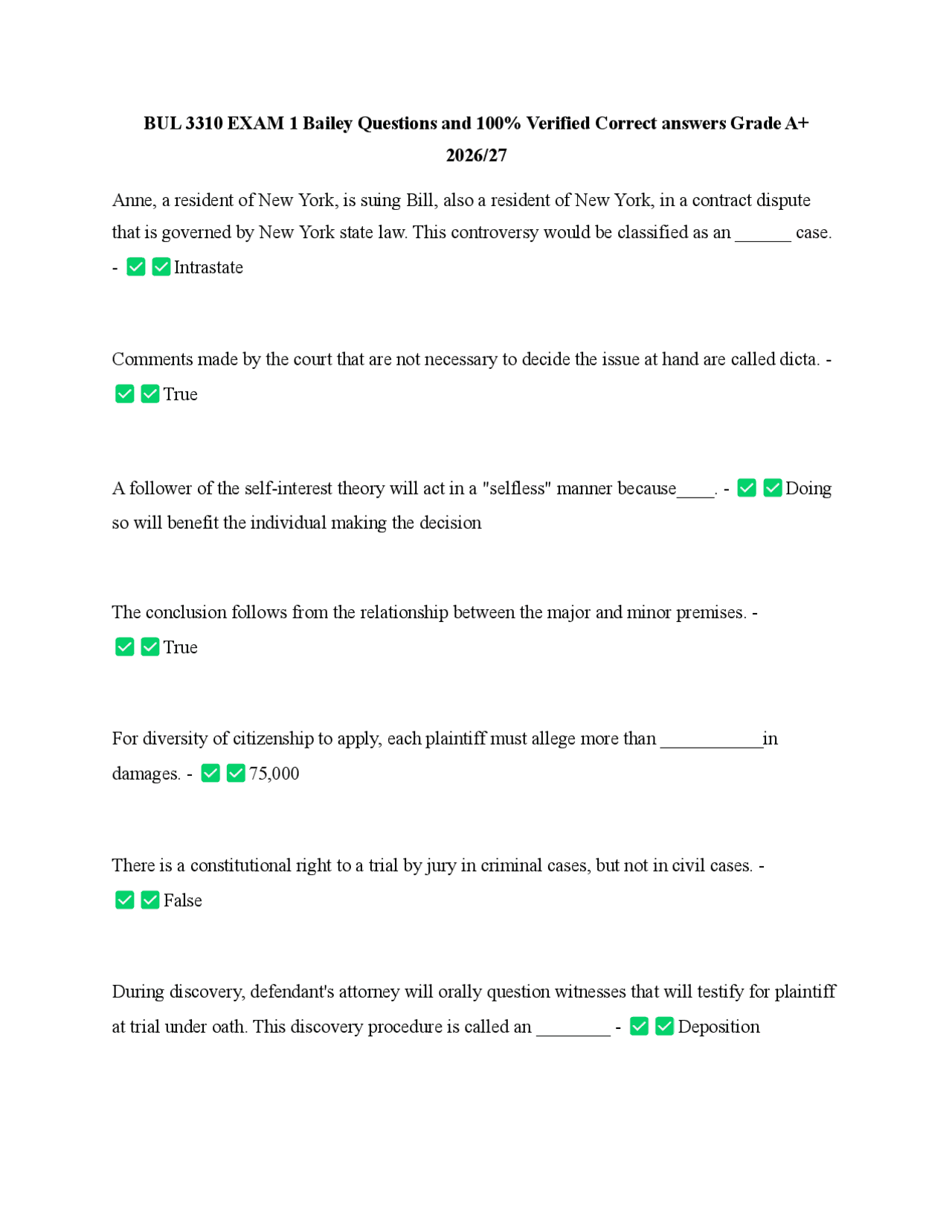 BUL 3310 EXAM 1 Bailey Questions and 100% Verified Correct answers ...