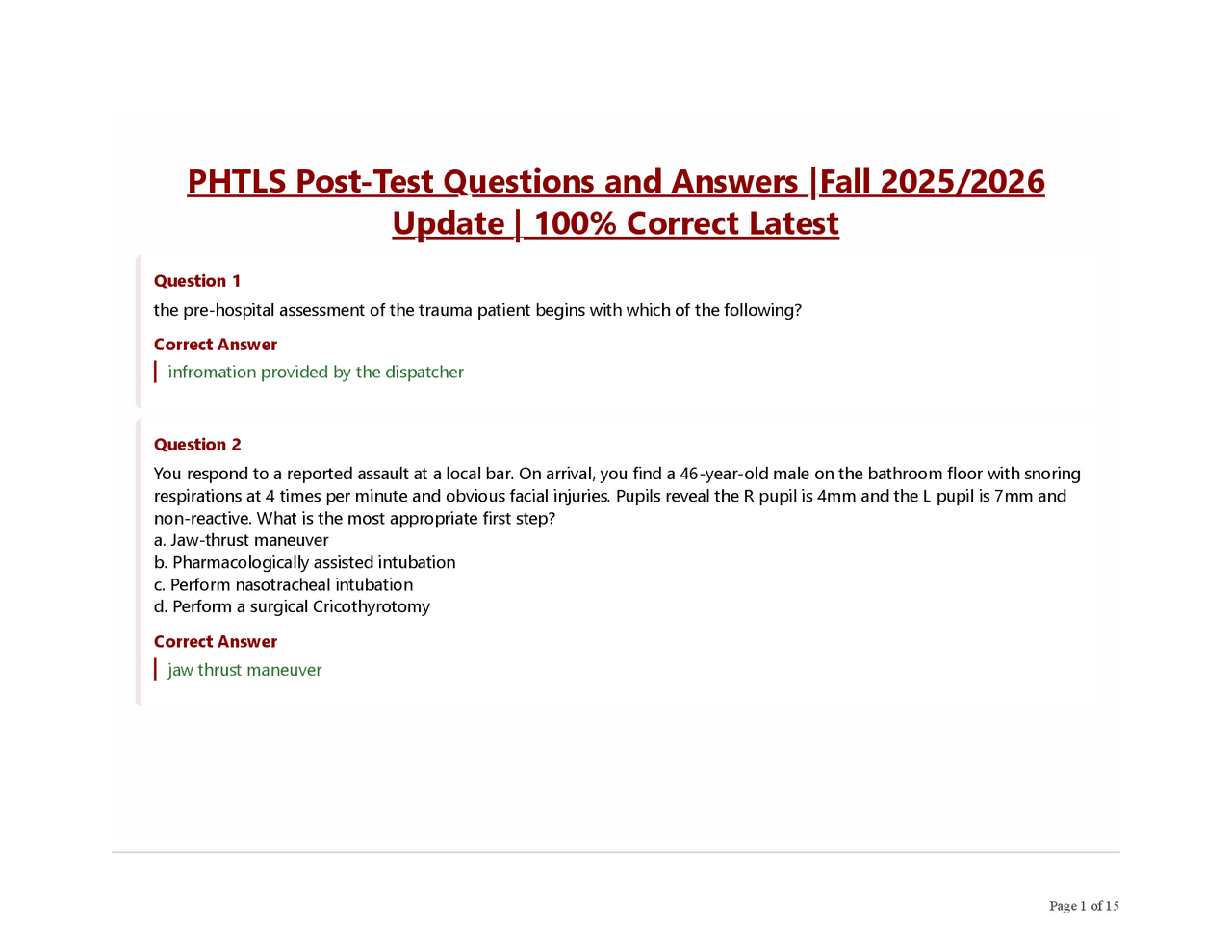 PHTLS Post-Test Questions and Answers Fall 2025-2026 Update 100% ...