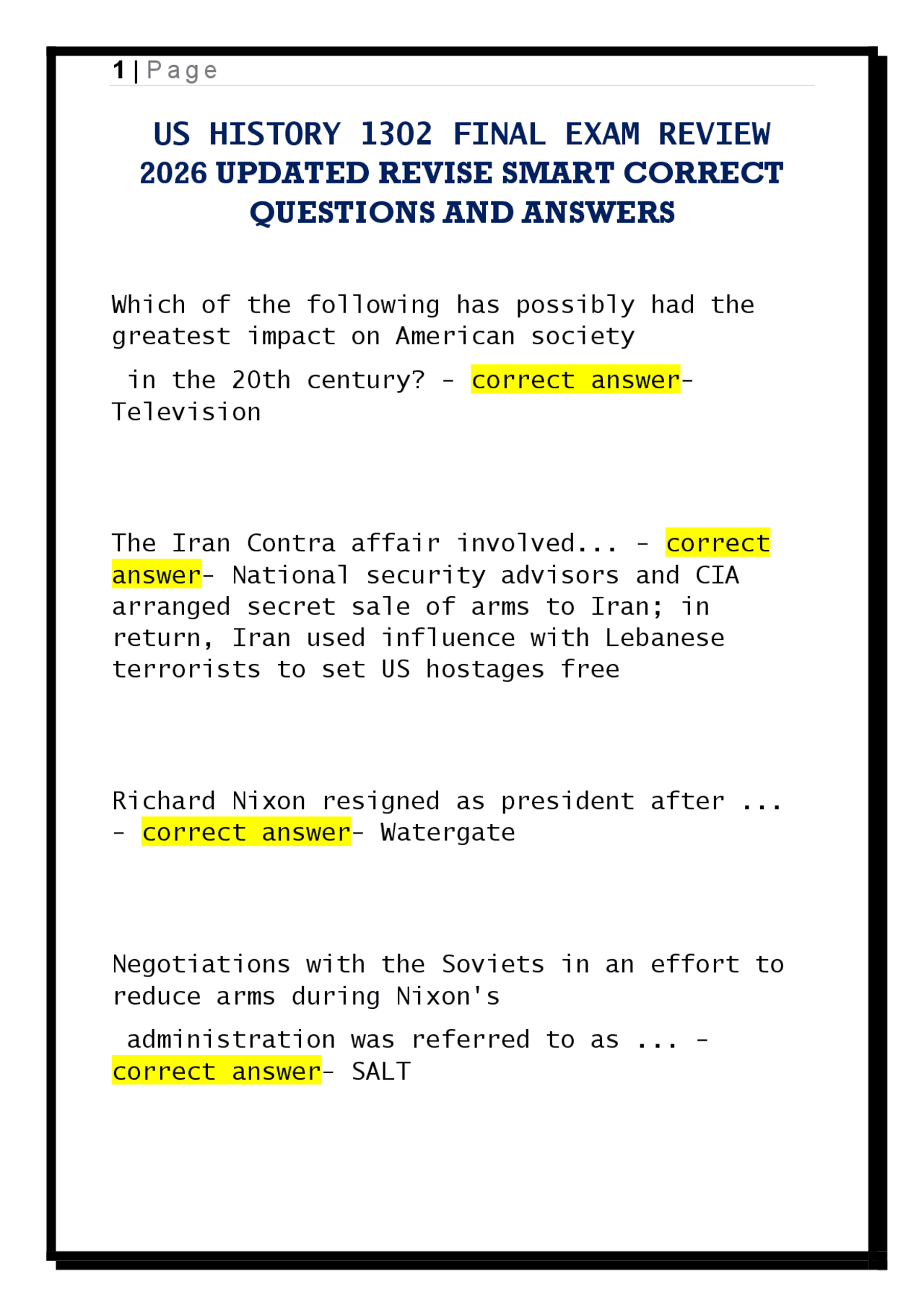 US HISTORY 1302 FINAL EXAM REVIEW 2026 UPDATED REVISE SMART CORRECT QUESTIONS AND ANSWER | Exams ...
