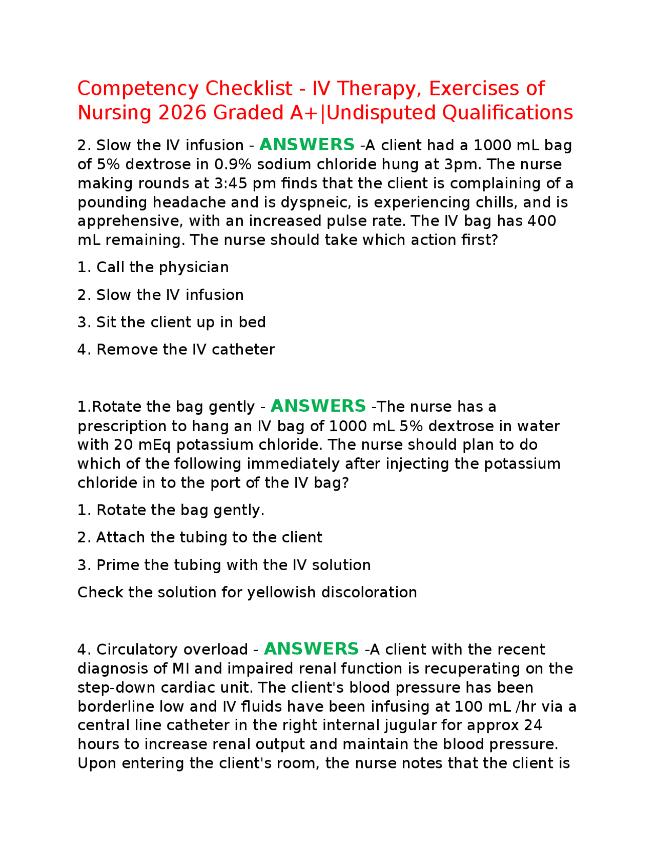 Competency Checklist - IV Therapy, Exercises of Nursing 2026 Graded A+ ...