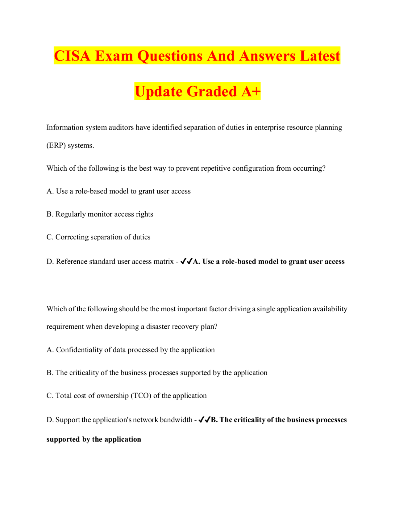 CISA Exam Questions And Answers Latest Update Graded A+ | Exams