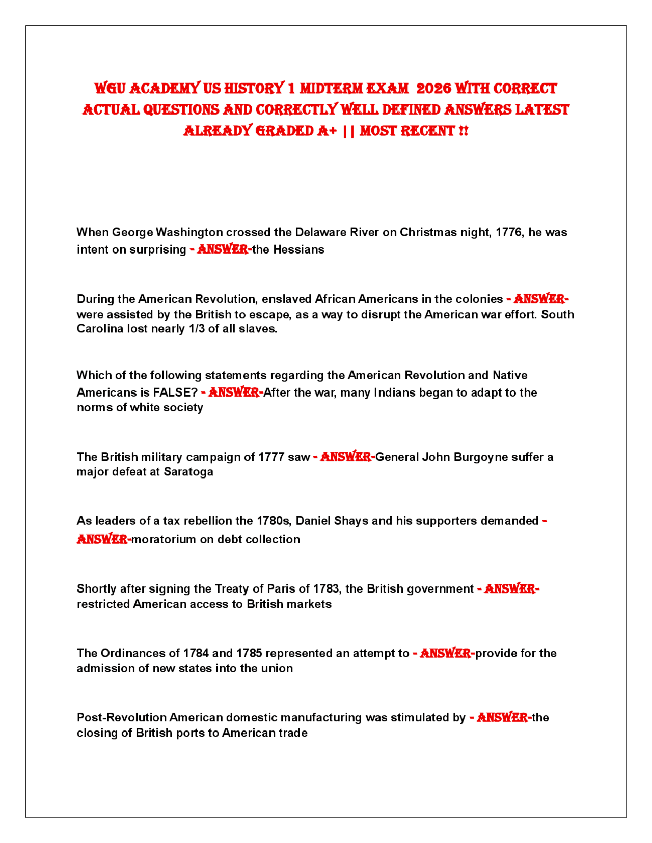 WGU AcAdemy US HiStory 1 midterm eXAm 2026 WitH correct ActUAL ...