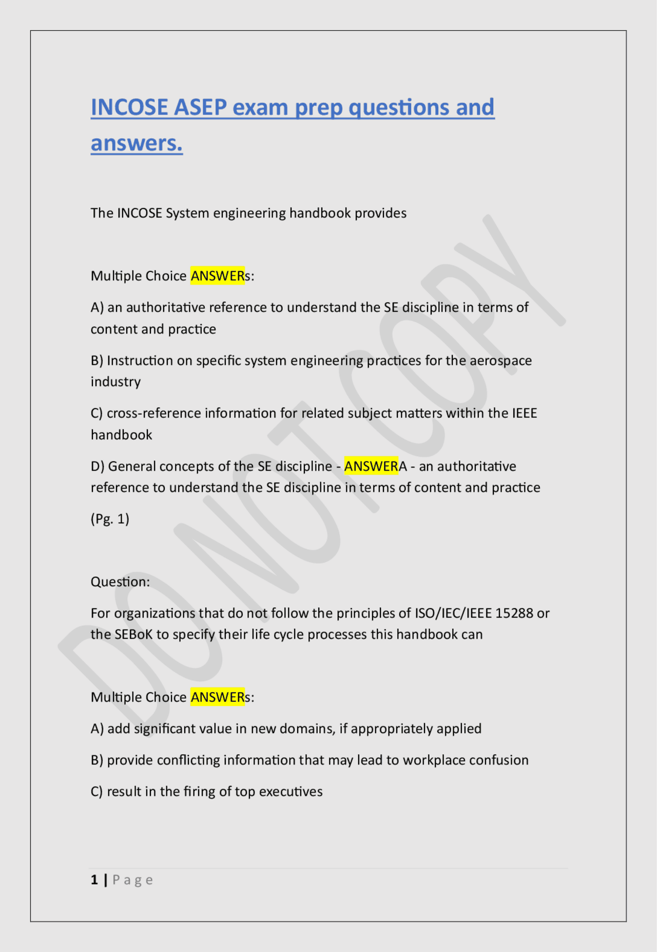 INCOSE ASEP exam prep questions and answers. | Exams Advanced Education ...