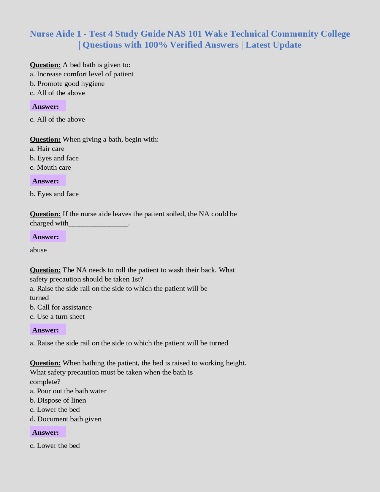 Rn Test Questions Nurse Aide 1 - Test 4 Study Guide NAS 101 Wake Technical Community ...