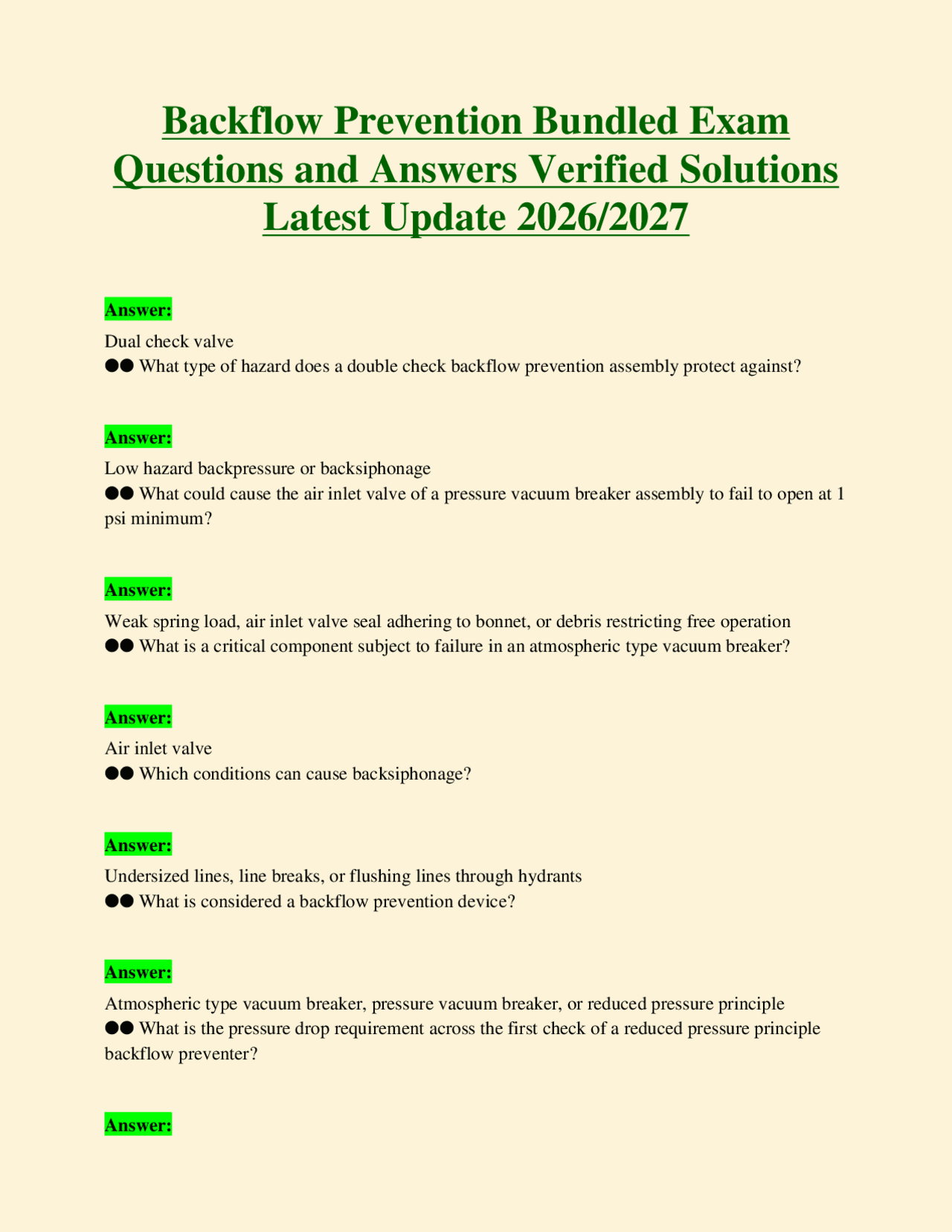 Backflow Prevention Bundled Exam Questions and Answers Verified ...