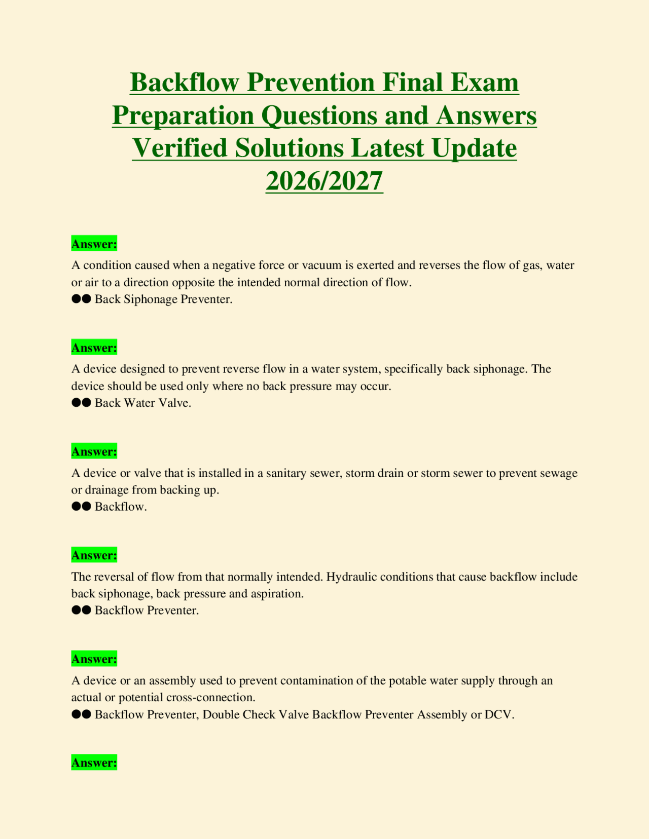 Backflow Prevention Final Exam Preparation Questions and Answers ...