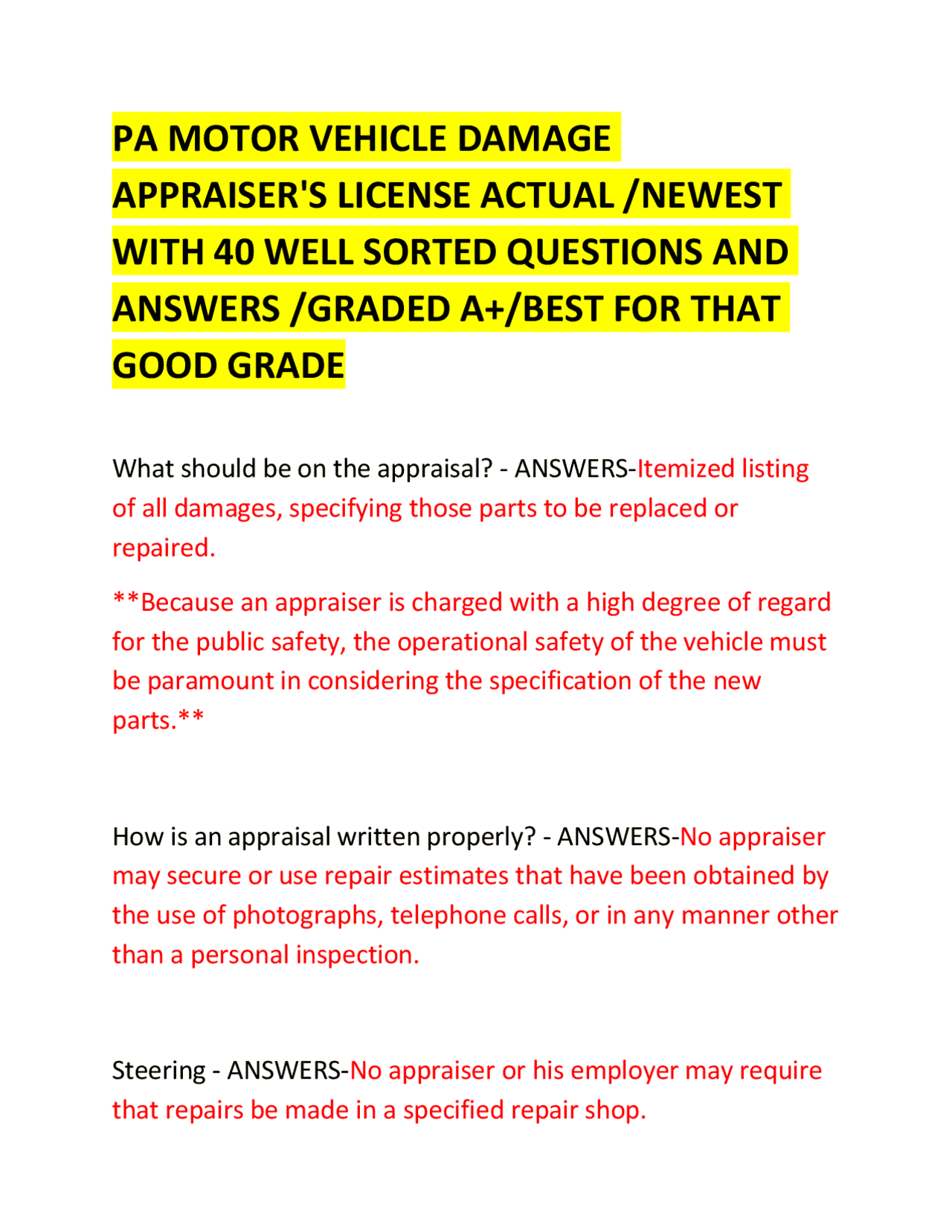 PA MOTOR VEHICLE DAMAGE APPRAISER'S LICENSE ACTUAL /NEWEST WITH 40 WELL ...