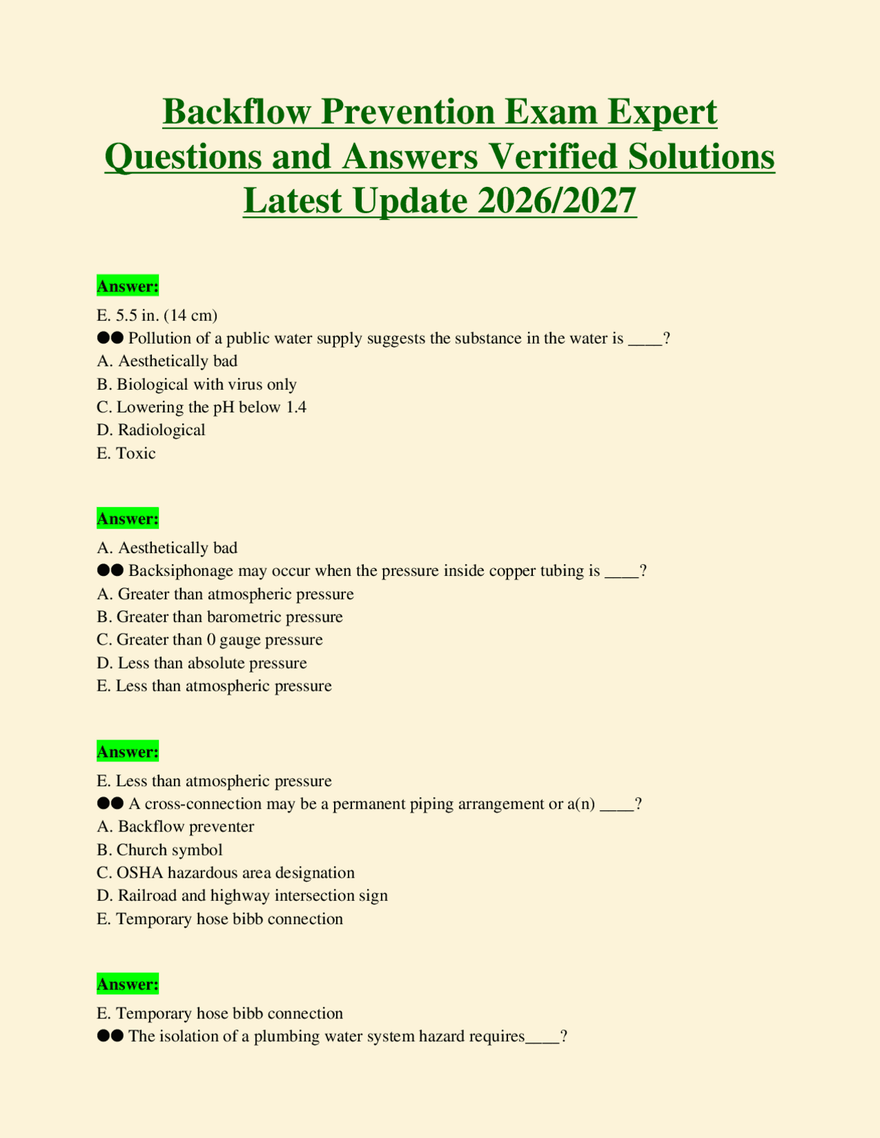 Backflow Prevention Exam Expert Questions and Answers Verified ...