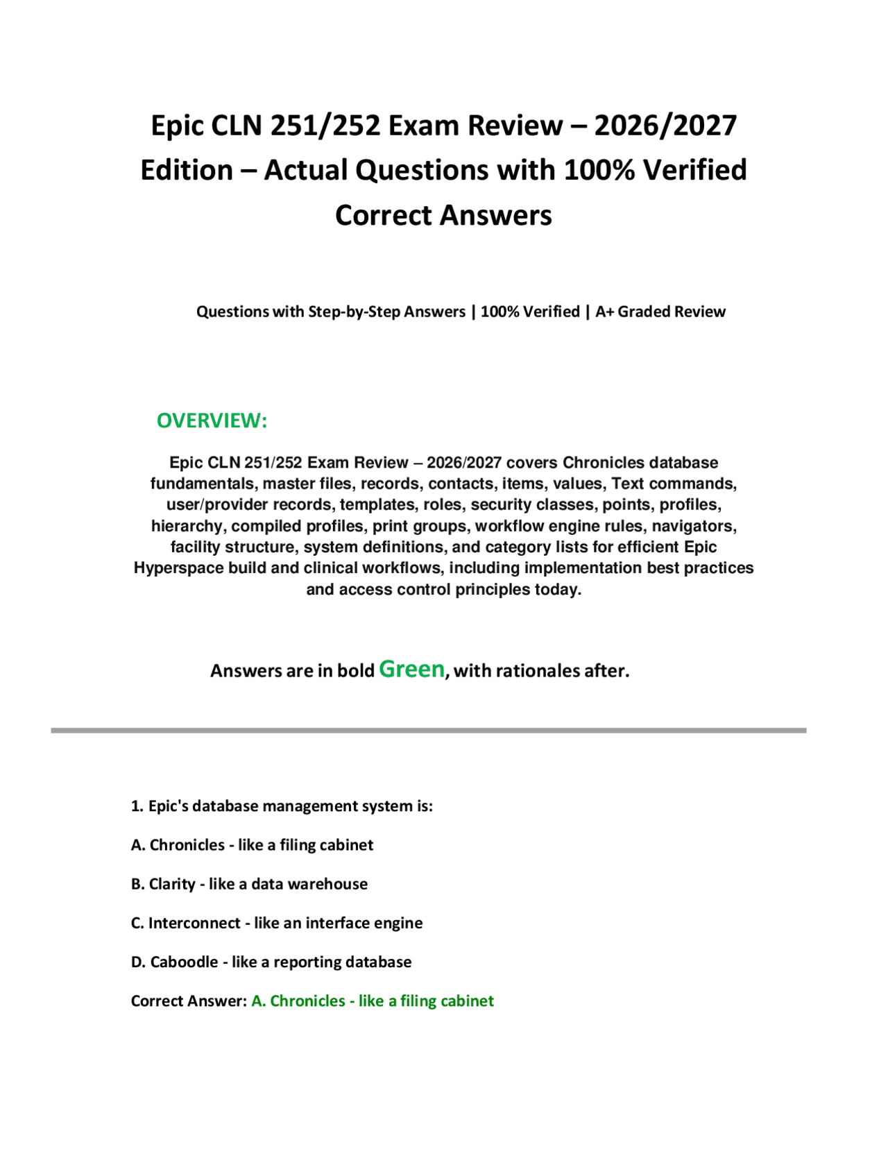 Epic CLN 251/252 Exam Review – 2026/2027 Edition – Actual Questions &amp; Answers | Exams Database ...