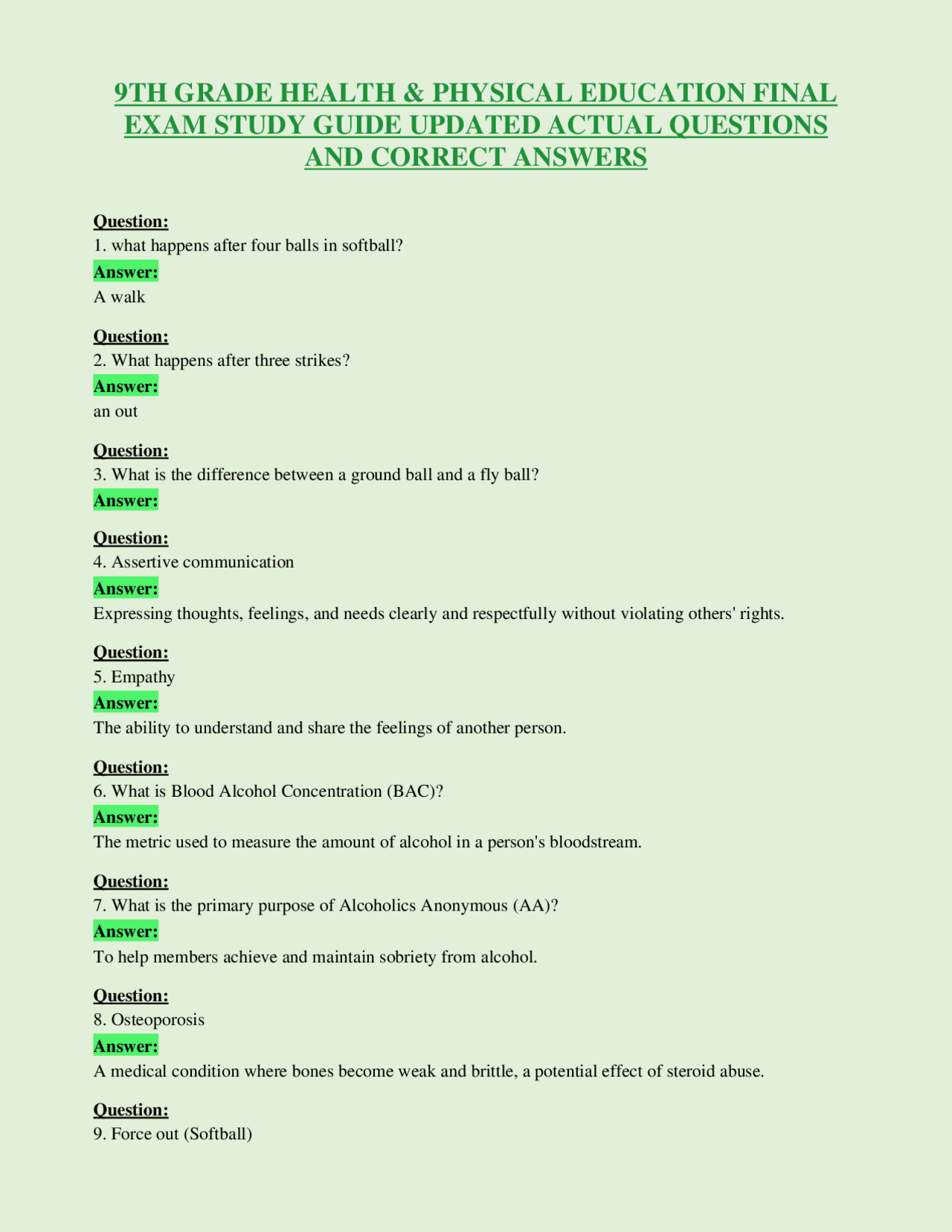 9TH GRADE HEALTH & PHYSICAL EDUCATION FINAL EXAM STUDY GUIDE UPDATED ...