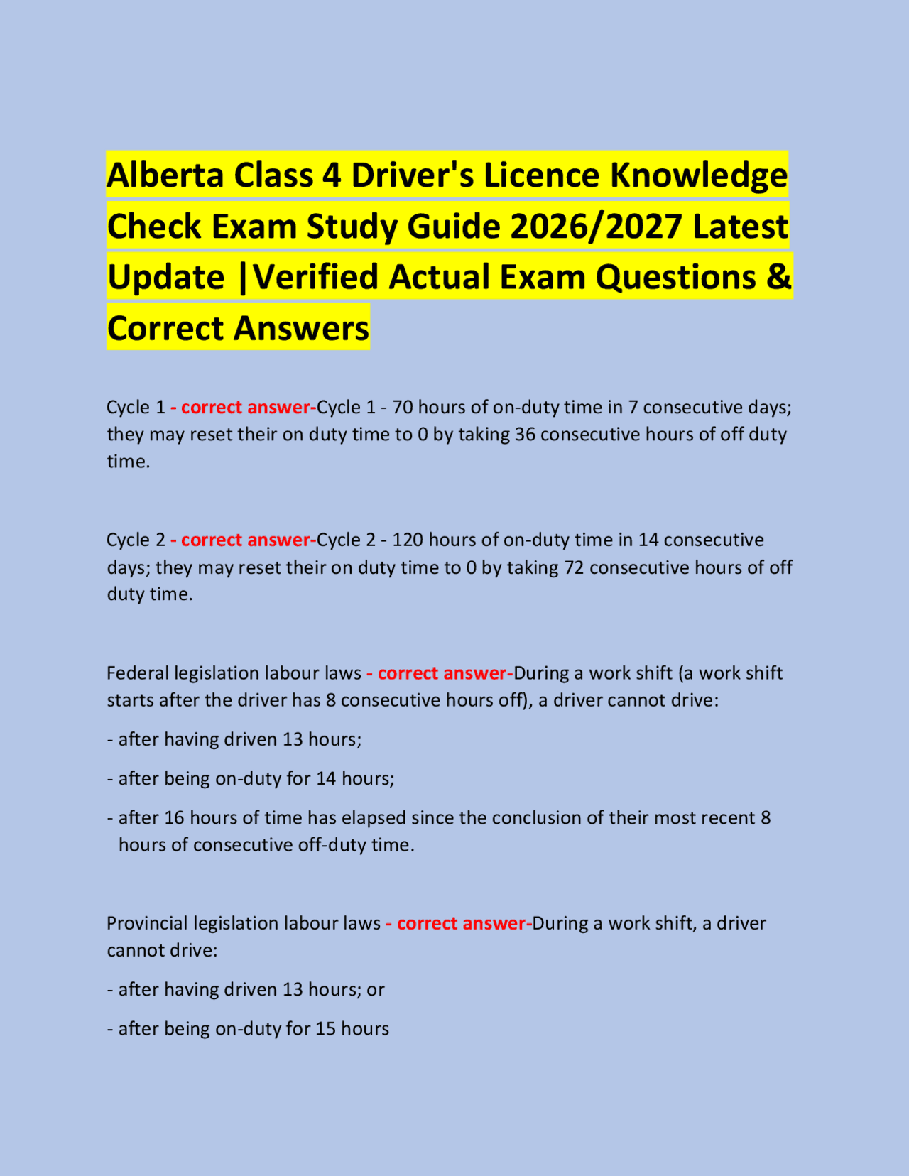 Alberta Class 4 Driver's Licence Knowledge Check Exam Study Guide 2026/ ...